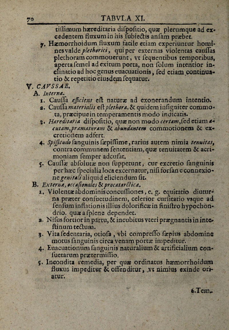 tiflimum hereditaria difpofitio, qux plerumque ad ex- cedentem fluxum in his iubie&amp;is anfam prsebec. 7. Hsemorrhoidum fluxum facile etiam experiuntur homi¬ nes valde pletharici) qui per excernas violentas caufTas plethoramcommoucrunc, vt fequentibus temporibus, apercafcmel ad exitum porta, non folum intentior in¬ clinatio ad hoc genus euacuationis, fed ctiana continua¬ tio St repetitio eiusdem fequacur. V. C APS SAE. A. Interna. x. CaulTa ejjickns efl: naturas ad exonerandum intentio* 2. CaulTa materialis eflplethora, St quidem infigniter commo¬ ta, praccipuein temperamentis modo indicatis. 3. Hareditaria difpoficio, qua: non modo certam,fed etiam d+ c utamur amaturam St abundanter» commotionem St ex- cretionem adfert. 4. SpiJfitudo fanguinis fa:piflime, rarius autem nimia tenuitas, contra communem fencentiam, qua: tenuitatem St acri¬ moniam femper adeufar. 5. Cauffe abfolutae non fuppetunt, cur excretio fanguinis per haec fpecialia loca excernatur, nifi forfan e connexio¬ ne^»//*// aliquid eliciendum fit. B. Externa, accafionales &amp;procatarffiica, 1, Violema:abdommisconcufliones,e. g. equitatio diutur- na procer eonfuetudinem, celerior curfitatio vsque ad fenfum inflationis illius dolorificaein finiftro hypochon¬ drio, quasafplcne dependet. a. Nifus fortior in partu, St incubitus vteri pra:gnantis in inte- ftinum tcftum. 5. Vitafedentaria, otiofa, vbi compreflo farpius abdomine motus fanguinis circa venam porta: impeditur. 4. Euacuationum fanguinis naturalium St artificialium con- fuetarum pr^cermiflio. 5. Ineondita remedia, per quae ordinatus haemorrhoidum fluxus impeditur St offenditur, yt nimius exinde ori¬ atur. 6.Tenv