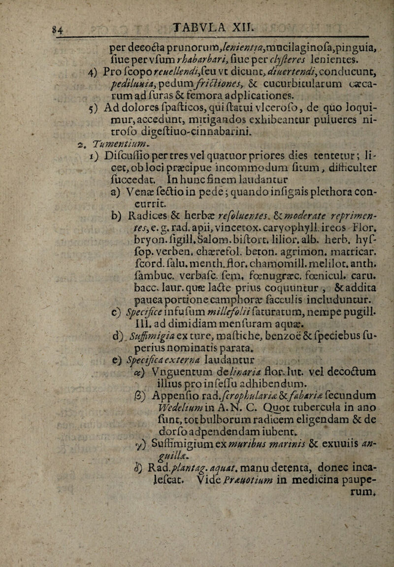 u per deeo<fla prunorum/e/?/V/?//tf,mBcilaginofa,pinguia, flue per vfum rhabarbari, fiue per cljfleres lenientes. 4) Pro fcoporeuellendtfcn vc dicunt,diuertendi,conducunt, pediluHia^z&amp;xxmfriclioneSy &amp; cucurbitularum carca- rum ad furas &amp; femora adplicationes. 5) Ad dolores fpaftico-s, qui flatui vicerofo, de quo loqui¬ mur, accedunt, mitigandos exhibeantur puiueres ni- trofo digeftiuo-cinnabarinL 2, Tumentium» 1) Difcuffio per tres vel quartior priores dies tentetur; li¬ cet, obloci pnecipue incommodum fitum, difficulter fuceedat. In hunc finem laudantur a) Ventefe&amp;ioin pede;quandoinfignis plethoracon¬ currit. b) Radices Sc herbae refoluentes. ^imoderate reprimen- tesy e. g, rad. apii,vincetox. caryophyll. ireos Flor, bryon.figill.Salom.biftort. lilior.alb. herb, hyf- fop. verben. chsercfol. beton. agrimon. macricar. fcord. falu, menth. flor, chamomill. melilot, anth. fambua verbafe. fem, foenugrarc. foenicul. caru. baec. laur. quee lafte prius coquuntur , &amp; addita pauca portionecamphora? faeculis includuntur. c) Specijice infufum millefolii latura tu na, nempe pugili. 111. ad dimidiam menfuram aqua?. d) Suffimigta ex ture, maftiche, benzoe &amp; fpeciebus fu- perius nominatis parata. e) Specifica externa laudantur a) Vnguentum de Unaria florJut. vel decoftum illius pro infeffu adhibendum. 0j Appenfio raA.fcrophularU &amp;fabaria fecundum WedeliuminA.N. C. Quot tubercula in ano fimt, tot bulborum radicem eligendam &amp; de dorfo adpendendam iubent. y) SuffTmigiuni ex muribus marinis &amp; exuuiis an- guilLc» i) Kzd.plantag. aquat* manu detenta, donec inca- lefcat. Vide Prmotium in medicina paupe¬ rum.