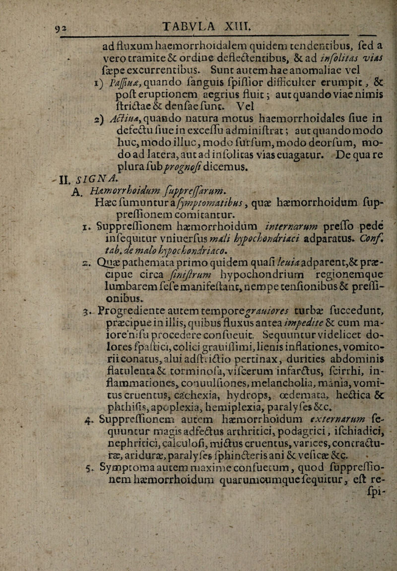ad fluxumhacmorrhoidalem quidem tendentibus, fed a vero tramite &amp; ordine deflectentibus, &amp;ad infolitas vias fsepe excurrentibus. Sunt autem -hae anomaliae vel 1) Pajfwa, quando faoguis fpiflior difficulter erumpit, &amp; poft eruptionem aegrius fluit; aut quando viae nimis ftridl:ae&amp; denfaefunc. Vel 2) Attin** quando natura motus haemorrhoidales flue in defe&amp;u fiuein exceflu adminiftrat; aut quando modo huc,modo illuc, modo furfum,modo deorfum, mo¬ do ad latera, aut ad infolitas vias euagatur. De qua re plura fub prognofi dicemus. II. SIGNA, A. Hamorrhoidum fupprefjarum, Hxc fumuntur a/ywptomatiliHs, qux haemorrhoidum ftip- preflionem comitantur. i. Supprcilionem hamiorrhoidum internarum preflb pede infequitur vniuerfus mali hypochondriaci adparatus. Conf, tah* de malo hypochondriaco. z, Qn# pathemata primo quidem quafi /^Madparent,&amp; pra:- cipue circa finiftrum hypochondrium regionemque lumbarem fefemanifeftanc^nempe tenfionibus &amp; prefll- ©nibus* 5. Progrediente autem temporegrauioref turbae fuccedunc, praecipue in illis, quibus fluxus antea impedite &amp; cum ma¬ iore nifu procedere confueuic. Sequuntur videlicet do¬ lores fpaftici, colici grauiflimi, lienis inflationes, vomito¬ rii conatus,aluiadfhi&amp;io pertinax, durities abdominis flatolenta&amp; tQrmmoia,Yifeerum infarsus* fcirrhi, in¬ flammationes y conuulflones, melancholia, mania, vomi¬ tus cruentus, cachexia, hydrops, oedemata, he&amp;ica 5c phthiils, apoplexia, hemiplexia, paralyfes&amp;c. 4. Suppreffionem autem hxmorrhoidum externarum fe- quuncur magisadfedus arthritici,podagrici, ifchiadici, nephritici, cakulofi, mi <flus cruentus, varices, contraitu¬ rae, ariduras, paralyfes fphinderis ani 6c veiicee &amp;q. 5. Symptoma autem maxime confuetum, quod fuppreflio- nem hsemorrhoidum quarumcumque fequicur, eft re- fpi-