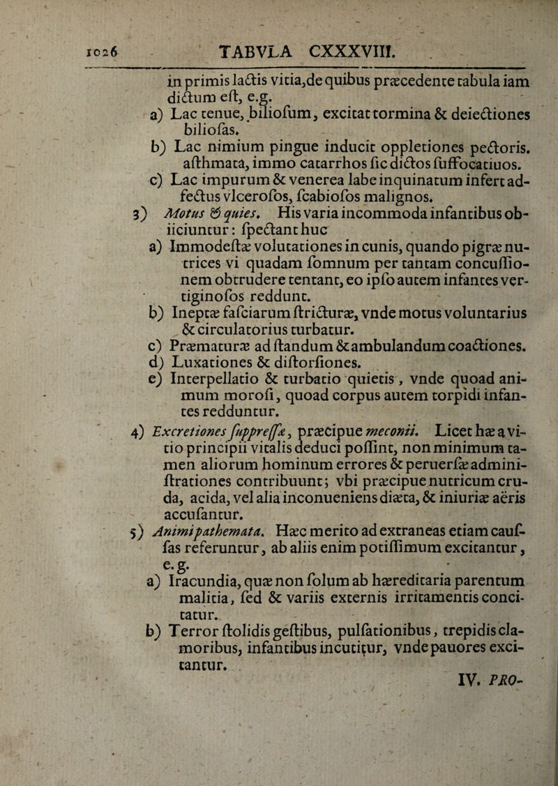i.n primis ladis vitia,de quibus prascedente tabula iam didum eft, e.g. a) Lac tenue, foliolum* excitat tormina &amp; deiediones biliofas. b) Lac nimium pingue inducit oppletiones pedoris. afthmata, immo catarrhos ficaidosfuffocatiuos. c) Lac impurum &amp; venerea labe inquinatum infert ad- fedus vlcerofos, fcabiofos malignos. 3) Motus &amp; quies. His varia incommoda infantibus ob- iiciuntur: fpedanthuc a) Immodeltas volutationes in cunis, quando pigra nu¬ trices vi quadam fomnum per tantam concuffio- nem obtrudere tentant* eo ipfo autem infantes ver- tiginofos reddunt. b) Ineptas fafciarum ftridura* vnde motus voluntarius &amp; circulatorius turbatur. c) Pramatura ad Itandum &amp; ambulandum coadiones. d) Luxationes &amp; diftorfiones. e) Interpellatio &amp; turbatio quietis, vnde quoad ani¬ mum morofi, quoad corpus autem torpidi infan¬ tes redduntur. 4) Excretiones fuppre/fe, pracipue meconii. Licet has avi¬ tio principii vitalis deduci poffint, non minimum ta¬ men alio rum hominum errores &amp; peruerlas admini- flrationes contribuunt; vbi pracipue nutricum cru¬ da, acida, vel alia inconueniens diasta, &amp; iniurias aeris accufantur. 5) Animipathematti* Hxc merito ad extraneas etiam cauf- fas referuntur, ab aliis enim potiflimum excitantur, e.g. . .* a) Iracundia, quas non folum ab hasreditaria parentum malitia, fed &amp; variis externis irritamentis conci¬ tatur. b) Terror ftolidis geftibus, pullationibus, trepidis cla¬ moribus* infantibus incutitur* vnde pauores exci¬ tantur.