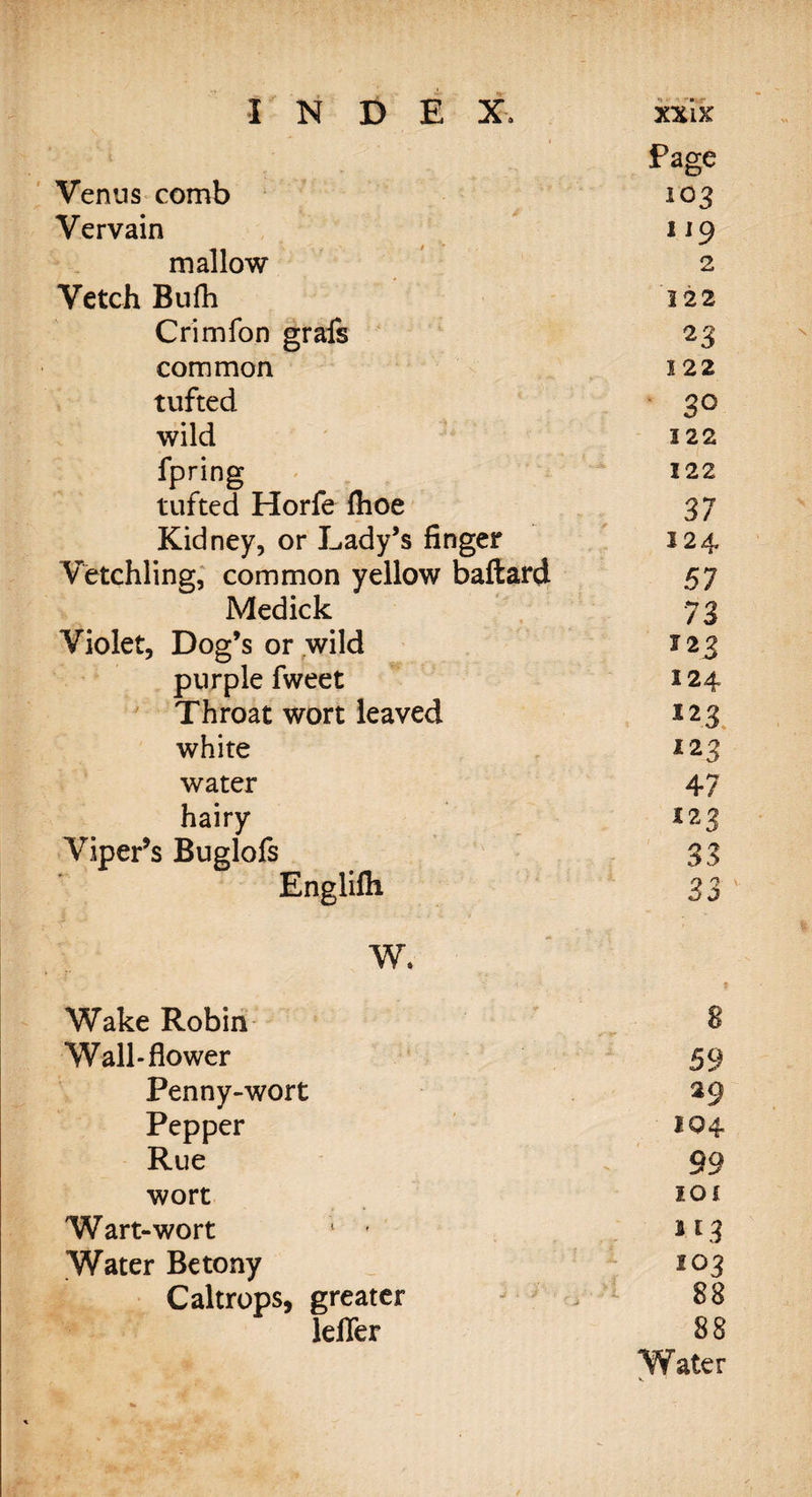 •» • » Page Venus comb 103 Vervain 119 mallow 2 Vetch Bufh 122 Crimfon grafs 23 common 122 tufted 30 wild 122 fpring 122 tufted Horfe flioe 37 Kidney, or Lady’s finger 124 Vetchling, common yellow bafiard 57 Medick 73 Violet, Dog’s or wild 123 purple fweet 124 Throat wort leaved *23 white *2 3 water 47 hairy 123 Viper’s Buglofs 33 Englilh 9 9 W* s Wake Robin 8 Wall-flower 59 Penny-wort 29 Pepper 104 Rue 99 wort 101 Wart-wort 1 • Water Betony 103 Caltrops, greater 88 lefler 88 Water W.