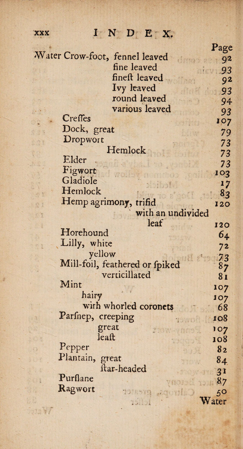 * Water Crow-foot, fennel leaved fine leaved fineft leaved Ivy leaved round leaved various leaved CrefTes Dock, great Drop wo rt Hemlock Elder . Figwort Gladiole Hemlock Hemp agrimony, trifid with an undivided leaf 120 Horehound 64. Lilly, white 72 yellow ’ 7A Mill-foil, feathered or fpiked 87 verticiliated 81 Mint 107 hairy 107 with whorled coronets - 68 Farfnep, creeping 108 great , 107 leaf! 10 8 Pepper g2 Plantain, great 84 ftar-headed 31 Purflane 87 Ragwort - ao W ater Page 92 ' 93 92 93 94 93 107 79 73 73 73 103 *7 83 120