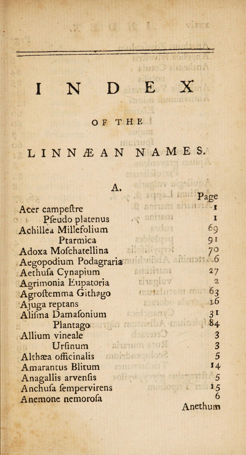 OF THE L I N N & A N A. Acer campeftre Pfeudo platenus Achillea Millefolium Ptartnica Adoxa Mofchatellina Aegopodium Podagraria Aethufa Cynapium Agrimonia Eupatoria Agroftemma Githago Ajuga reptans Alifma Damafonium Plantago Allium vineale Urfinum Althaea officinalis Amarantus Blitum Anagallis arvenfis Anchufa fempervirens Anemone nemorofa names. i-6 31 U 2 Anethum OUl On On CO OO