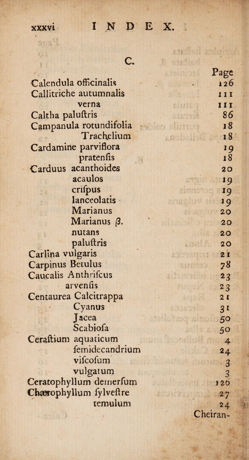 C Page Calendula officinalis 126 Callitriche autumnalis hi verna in Caltha paluftris 86 Campanula rotundifolia 18 Trachelium 18 Cardamine parviflora *9 pratenfis 18 Carduus acanthoides 20 acaulos 19 crifpus 19 lanceolatis J9 Marianus 20 Marianus |3. 20 nutans 20 paluftris 20 Carlina vulgaris 21 Carpinus Betulus Caucalis Anthrifcus 23 arvenfis 2 3 Centaurea Calcitrappa 21 Cyanus 3l Jacea 50 Scabiofa 50 Ceraftium aquaticum 4 femidecandrium 24 vifcofum 3 vulgaturr? 3 Ceratophyllum deirierlum 126 Chaerophyllum fylveftre 27 temulum 24 Cheiran-