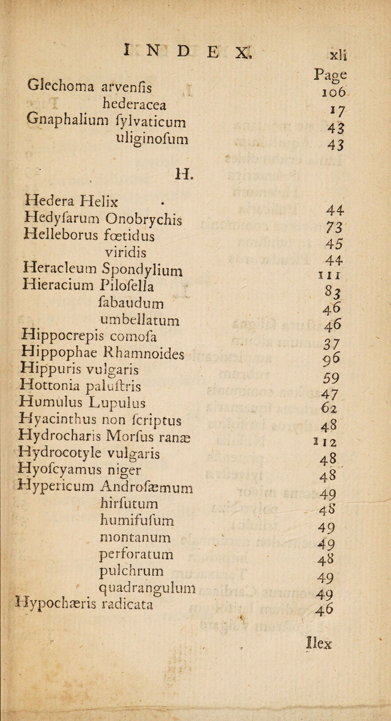 Giechoma arvenfis hederacea Gnaphalium fylvaticum uliginofum H. Hedera Helix Hedyfarum Onobrychis Helleborus foetid us viridis Heracleum Spondylium Hieraciurn Pilofella fabaudum umbel] arum Hippocrepis comofa Hippophae Rhamnoides Hippuris vulgaris Hottonia paluftris Humulus Lupulus Hyacinthus non fcriptus Hydrocharis Morbus ran^ Hydrocotyle vulgaris Hyofcyamus niger Hypericum Androfasmum hirfutum humifufum montanum perforatum pulchrum quadrangulum Hypochasris radicata . > i xli Page o 306 l7 43 43 44 73 45 44 in S3 46 4 6 37 96 59 47 62 48 212 48 48 49 48 49 49 48 49 49 46 Hex