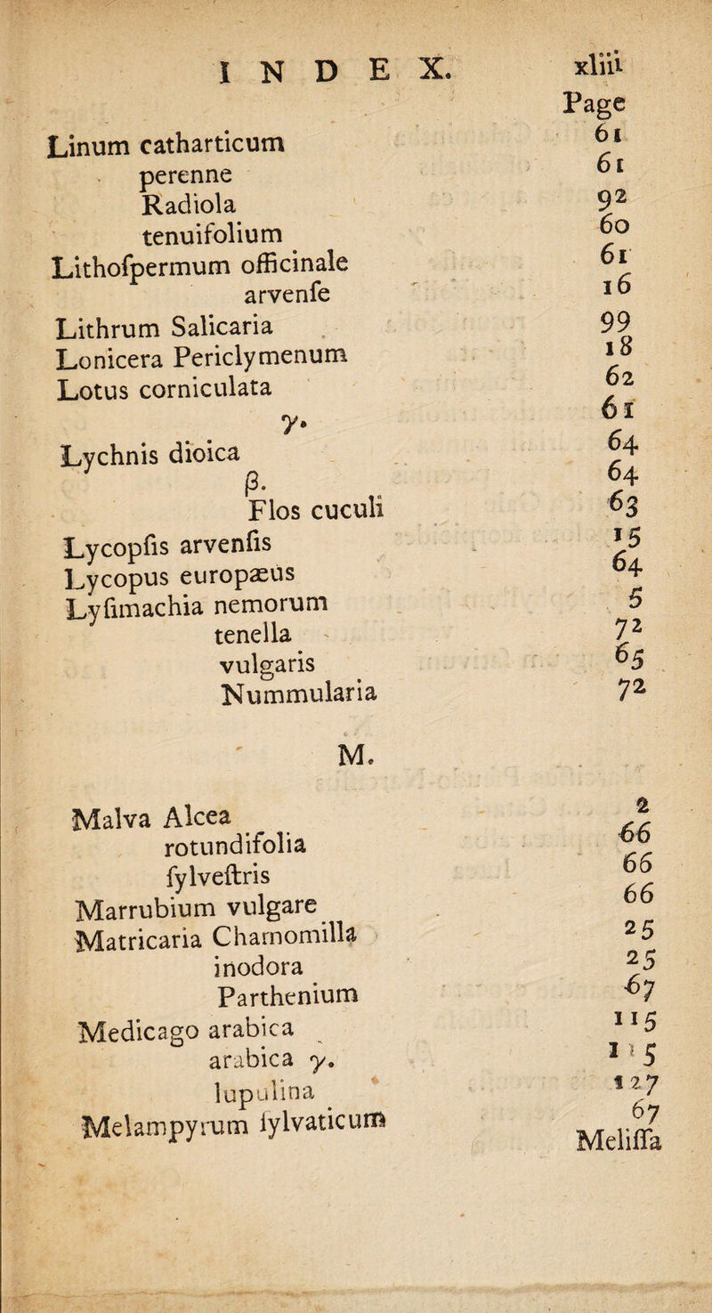 Linum catharticum perenne Radiola tenuifolium Lithofpermum officinale arvenfe Lithrum Salicaria Lonicera Periclymenum Lotus corniculata 7• Lychnis dioica P. Flos cuculi Lycopfis arvenfis Lycopus europasus Lyfimachia nemorum tenella vulgaris Nummularia xliii Page 61 6 £ 92 60 61 16 99 18 62 61 64 64 63 15 64 5 72 72 Me Malva Alcea rotundifolia fylveftris Marrubium vulgare Matricaria Charnomilla inodora Parthenium Medicago arabica arabica y. lupulina Mclampyrum iylvaticurn 2 66 66 66 25 25 67 1J5 d5 127 67 Meliffa
