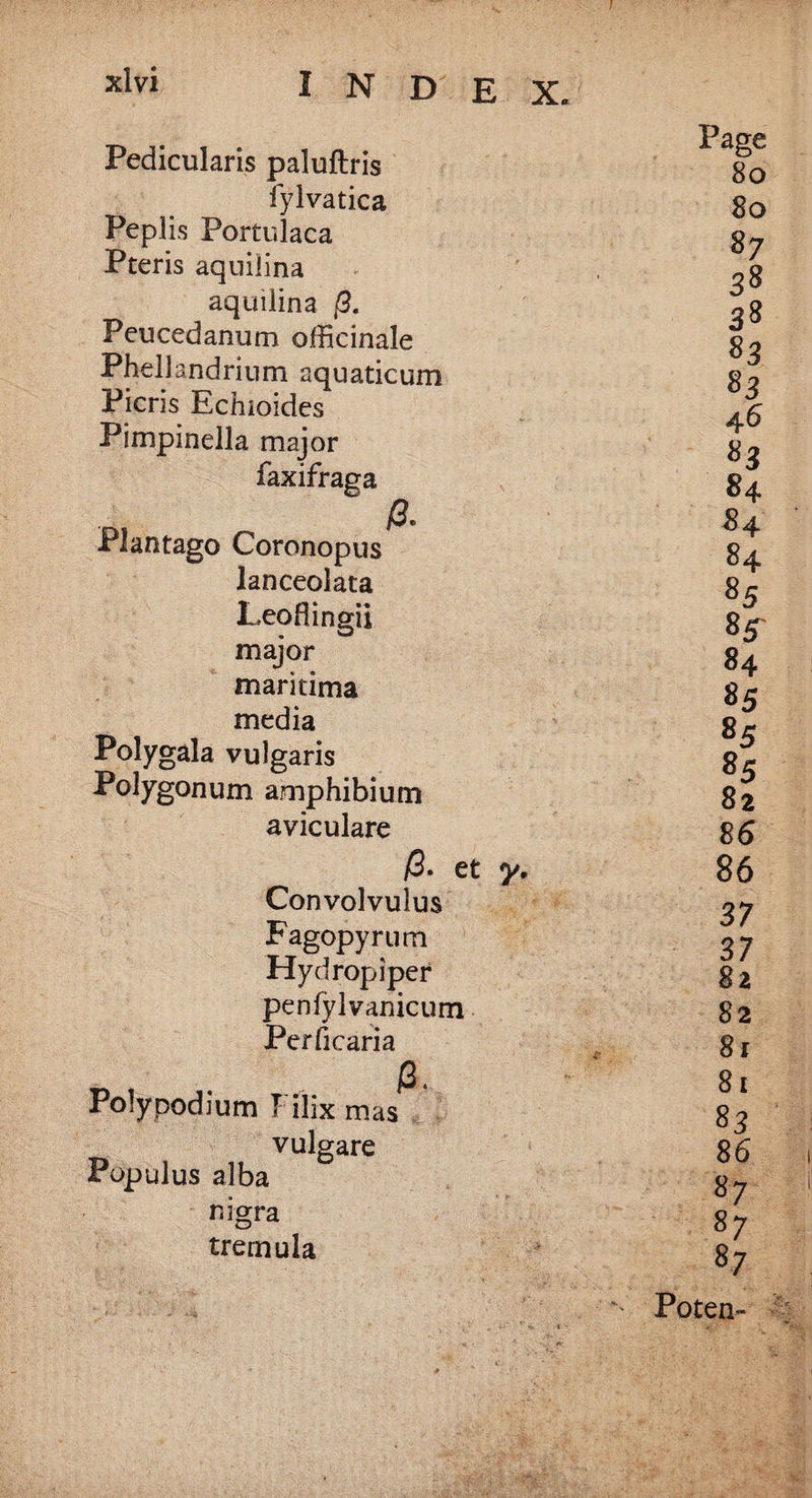 Pedicularis paluftris fylvatica Peplis Portulaca Pteris aqnilina aquilina (3. Peucedanum officinale Phellandrium aquaticum Picris Echioides Pimpinella major faxifraga (2. Plantago Coronopus lanceolata Leoflingii major maritima media Polygala vulgaris Polygonum amphibium aviculare /3. et y. Convolvulus Fagopyrum Hydropiper penfylvanicum Perficaria . 0. Polypodium T illx mas vulgare Populus alba nigra tremula Page 80 80 $7 3® 38 83 S3 4 6 S3 84 84 84 85 85 84 85 85 8 5 82 8 6 86 37 37 82 82 81 81 83 86 87 87 87 '' Poten-
