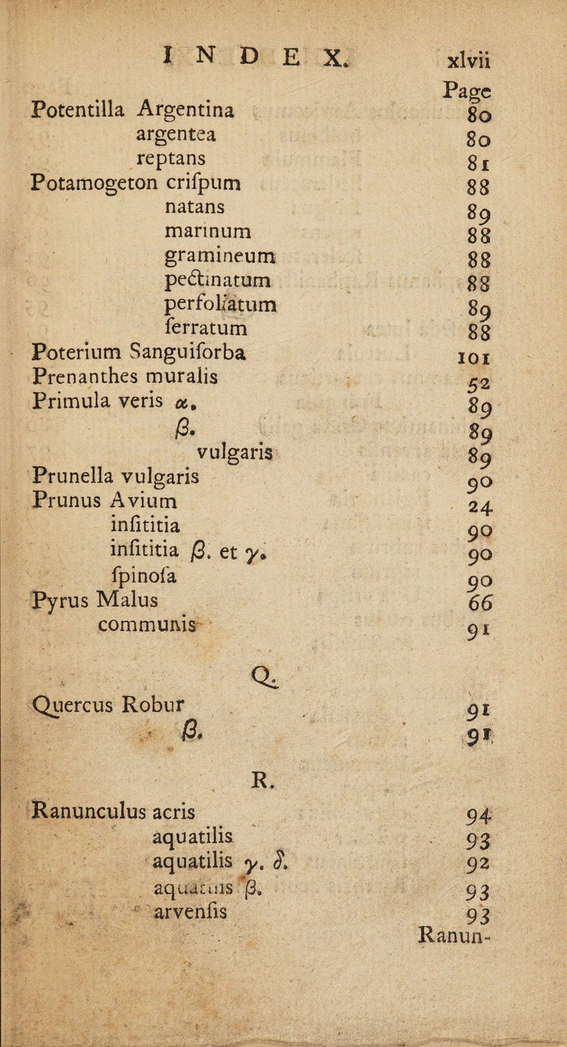 Potentilla Argentina argentea reptans Potamogeton crifpum natans marinum gramineum pe6hnatum perfoliatum ferratum Poterinm Sanguiforba Prenanthes muralis Primula veris & vulgaris Prunella vulgaris Prunus Avium infititia irifititia j3. et y. fpinoi'a Pyrus Malus communis Qi Quercus Robur (3. R. Ranunculus acris aquatilis aquatilis y. aquae ms (3, arvenfis Page 8a 80 81 88 89 88 88 88 89 88 101 52 89 89 89 90 24 90 90 90 66 91 9* 9* 94 93 92 93 93 Ranun-