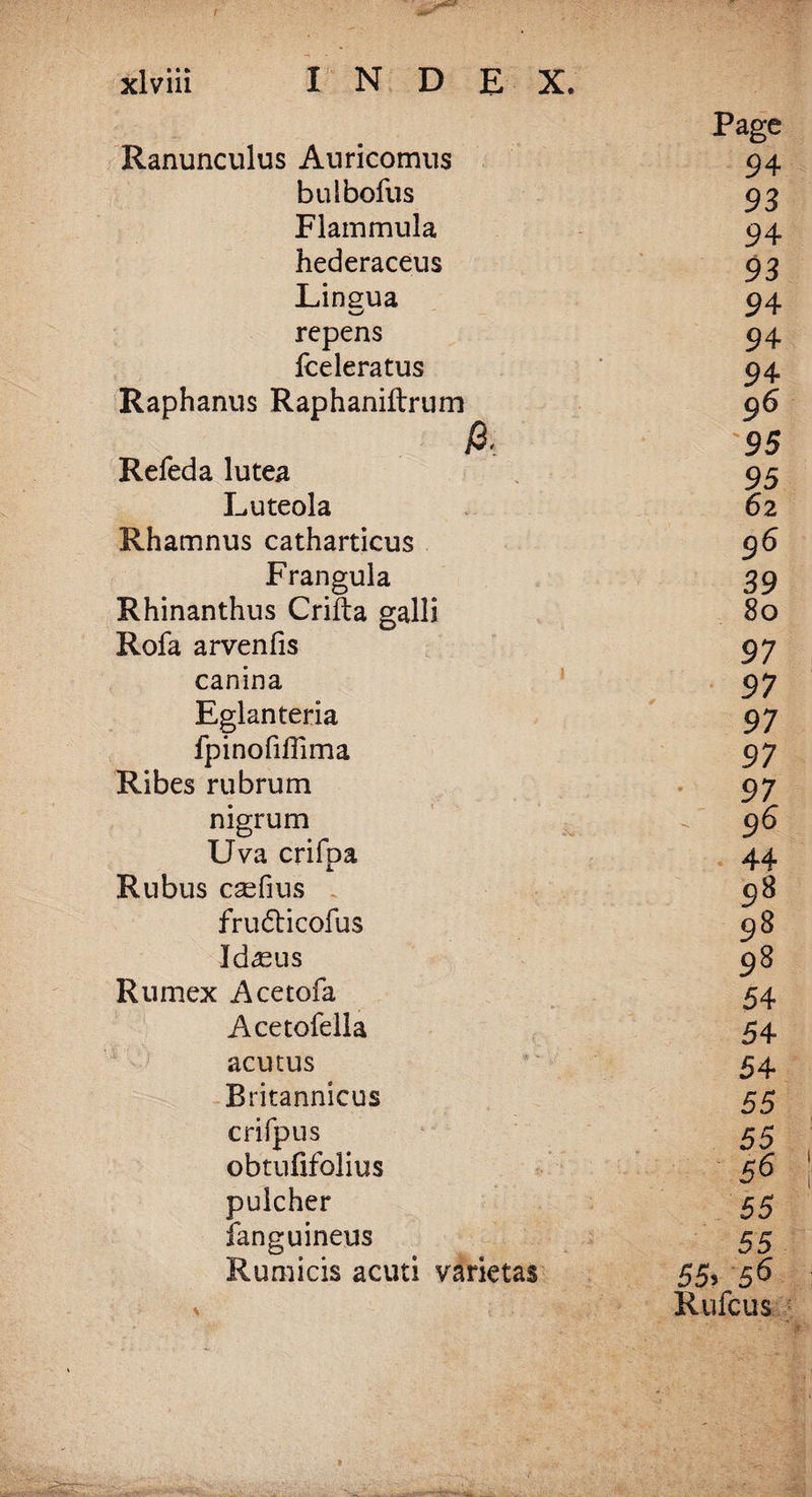 / xlviii INDEX. Ranunculus Auricomus Page 94 bulbofus 93 Fiammula 94 hederaceus 93 Linsua 94 repens 94 fceleratus 94 Raphanus Raphaniftrum 96 ft- 95 Refed a lutea 95 Luteola 62 Rhamnus catharticus 06 Frangula 39 Rhinanthus Crifta galli 80 Rofa arvenfis 97 canina 97 Eglanteria 97 fpinofiilima 97 Ribes rubrum 97 nigrum 96 Uva crifpa 44 Rubus ca^fius 08 frudbicofus 98 Idasus 98 Rumex Acetofa 54 Acetofella 54 acutus 54 Britannicus 55 crifpus 55 obtufifolius 56 pulcher 55 fanguineus 55 Rumicis acuti varietas 55> S'6 > \ t • • . ■” Rufous