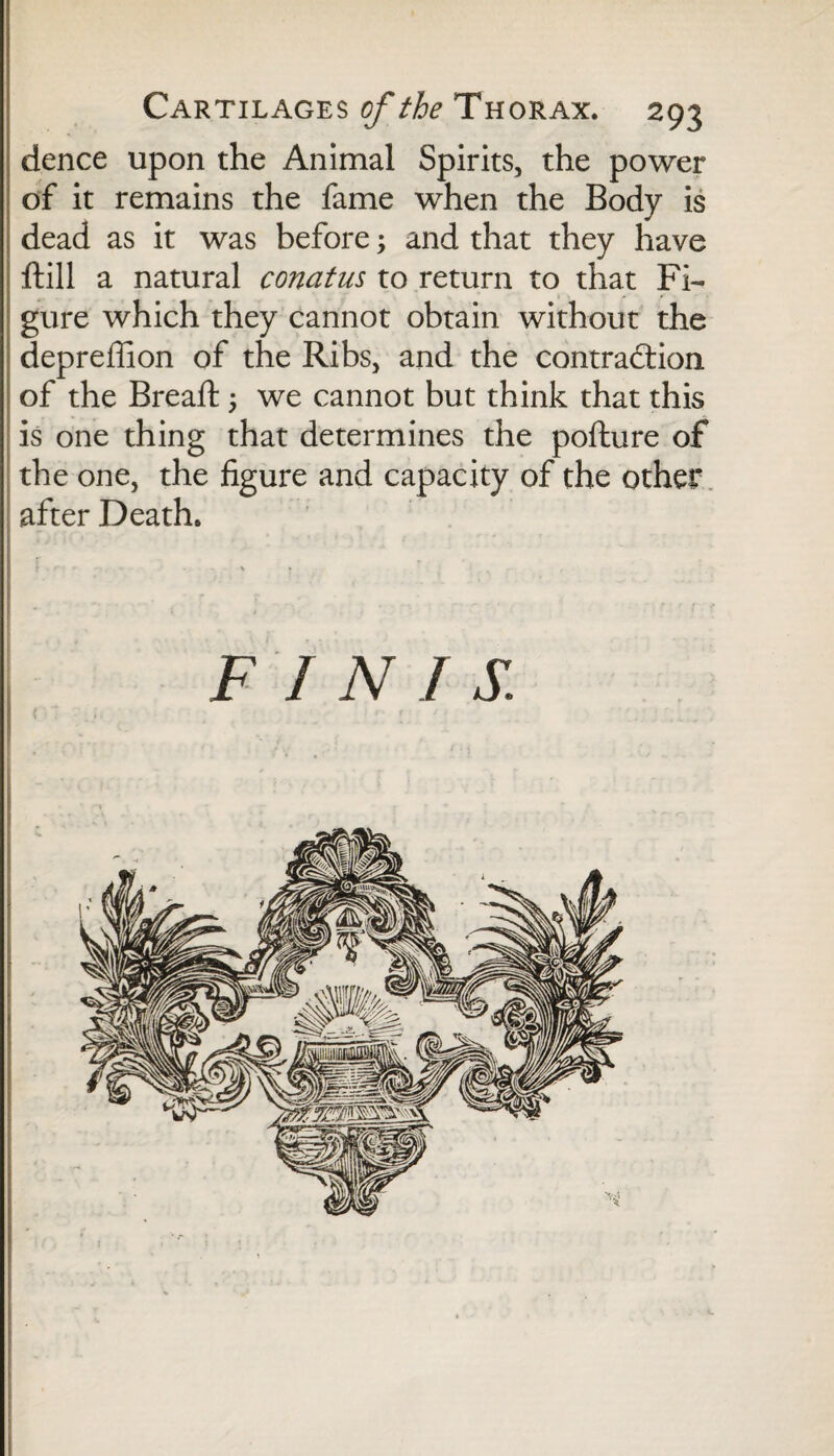 dence upon the Animal Spirits, the power of it remains the fame when the Body is dead as it was before; and that they have dill a natural conatus to return to that Fi¬ gure which they cannot obtain without the depreflion of the Ribs, and the contraction of the Bread:; we cannot but think that this is one thing that determines the podure of the one, the figure and capacity of the other after Death. FINIS.