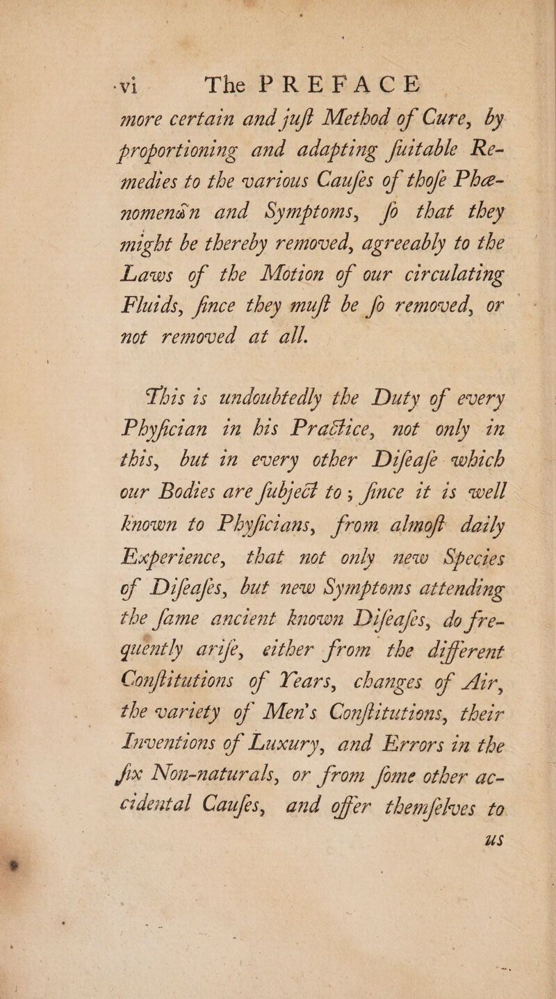 more certain and juft Method of Cure, by proportioning and adapting fuitable Re¬ medies to the various Caufes of thofe Phe¬ nomenan and Symptoms, Jo that they might be thereby removed, agreeably to the Laws of the Motion of our circulating Fluids, fince they muft be fo removed, or not removed at all. Phis is undoubtedly the Duty of every Phyftcian in his Pra&ice, not only in this, but in every other Difeafe which our Bodies are fubjecl to ; fince it is well Known to Phyficians, from almoft daily Experience, that not only new Species of Difeajes, but new Symptoms attending the fame ancient known Difeafes, do fre¬ quently arije, either from the different Confutations of Tears, changes of Air, the variety of Men s Confutations, their Inventions of' Luxury, and Errors in the fix Non-naturals, or from fome other ac¬ cidental Caufes, ajid offer themfelves to us