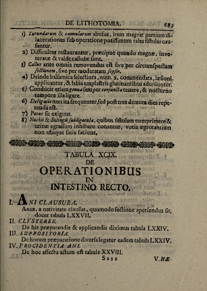 € I. DE LITHOTOMIA. 1) Turundarum &amp; comularum abufus, item magne partium di¬ lacerationes fub operatione potiflimum tales fiftulas cau- • fantur. 2) Difficulter reftaurantur, praecipue'quaado magne, inve¬ terate &amp; valde callotefunt. ?) Callut ante omnia removendus eft live'per circumfpcdlatn feffionem, live per moderatam 4) Deinde billamicafeleftiora,num. 9. commendata, laeGoni applicantur ,&amp; labia exaplaftris glutinantibus aduriiuntur. f) Conducit etiam^r»*/* femper conjunlla tenere, &amp; no&amp;urno tempore illa ligare. ; i €) Deligati» non ita frequenter.fed poft tres demum diesrepe- tendaefl:.; ; : . • . , 7> Patuc fit exiguus. ... 8) Nuckii &amp; Stilmgii fulligacula, quibus fiftukm comprimeret urinae egreUura inhibere conantur, votis aegrotantium non ubique fatis faciunt. * mm : i!; r f t TABULA XCIX. DE OPERATIONIBUS IN INTESTINO RECTO. ^ 1 f Esi i . NI CLAUSURA. .., Anus, a nativitate claufus, quomodofeflione aperiendus fit docet tabula LXXVIL ’ II. CLYSTERES. De his praeparandis &amp; applicandis diximus tabula LXXIV, III. SUPPOSITORIA. ~ De horum praeparatione diverfa legatur eadem tabula LXXIV. IV. P ROCIOENTIA ANI. De hoc affectu attum eft tabula XXVIII. S ss s V.H£