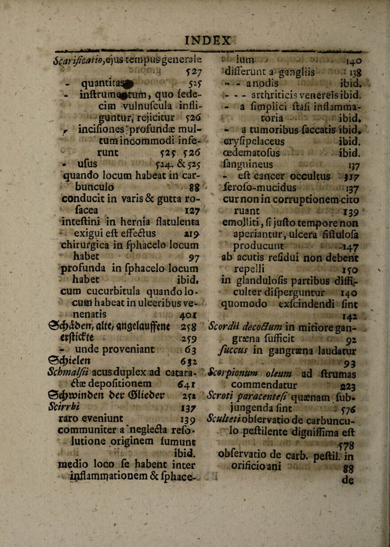 JUkAm Scarificatio ^yas tempus generale f27 - quantita^ 52? - inftrumo^tum, quo lede- cim vulnufcula infli¬ guntur, rejicitur f2d r incifiones‘profundae mul¬ tum incommodi infe¬ runt ?2?. S26 - ufus 724. & 525 quando locum habeat iri car¬ bunculo 88 conducit in varis & gutta ro- facea 127 inteftini in hernia flatulenta - exigui eft effefius 219- chirurgica in fphacelo locum habet 97 profunda in fphacelo locum habet ibid* cum cucurbitula quandolo- cuto habeat in ulceribus ve¬ nenatis 401 ©effert, altti angebroffene 2?8 er|Mfe 259 - unde proveniant 63 ©cjnelen 63 2 Schmalfii acus duplex ad catara- 6lx depolitionem 641 ©4>mtnbeit i>et (Slicbcv 25* Scirrhi 137 raro eveniunt 139 communiter a'negle$a refo- lutione originem lumunt ibid. medio loco fe habent inter inflamniationem & fphace- ■ - .■MrWi** nf 1 m* - Ium > 140 differunt a gangliis - 138 » - a nodis ibid* - - - arthriticis venereis ibid. - a fimplici ftali inflamma¬ toria ibid» - a tumoribus faecatis ibid* eryfipdaceus ibid. cedematofus ibid. fanguineus 137 - eft cancer occultus 317 * 'ierofo-mucidus 137 curnon in corruptionem cito ruant 139 emojliti, fi jufto tempore non aperiantur, ulcera fiftulofa producunt «147 ab acutis refidui non debent repelli ifo in glandulofis partibus diffi¬ culter difperguntur 140 quomodo exfeindendi fint 142 Scordit deco&um in mitiore gan¬ graena fufficit 92 fuccus in gangraena laudatur Scorpionum oleum ad ftrumas commendatur 323 Scroti par acente fi quaenam fub* jungenda fint *; 5j6 Scultetiob(ervatio de carbuncu¬ lo peftilente digniffima eft obfervatio de carb. peftilJn orificioani $g i dg