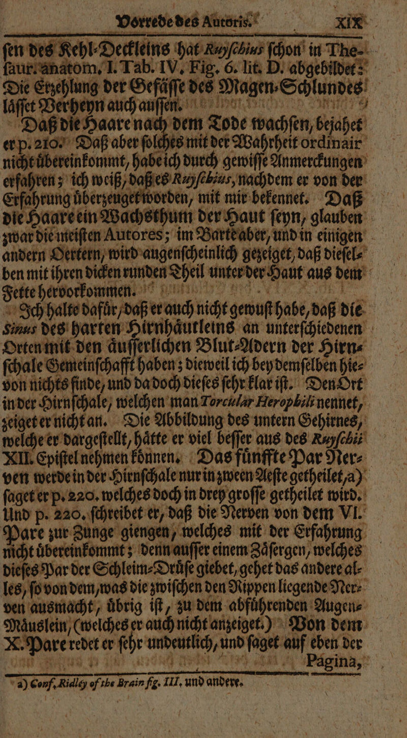 fer des Kehl⸗Deckleins hat Reyſebius ſchon in The- ſaur. anatom. I. Tab. IV. Fig. 6. lit. D. abgebildet: Die Etzehlung der Gefäſſe des Magen⸗Schlundes laͤſſet Verheyn auch auſſee n. Daß die Haare nach dem Tode wachſen, bejahet er p. 210. Daß aber ſolches mit der Wahrheit ordinair nicht uͤbereinkommt, habe ich durch gewiſſe Anmerckungen erfahren; ich weiß, daß es Ray/ebius, nachdem er von der Erfahrung uͤberzeuget worden, mit mir bekennt. Daß die Haare ein Wachsthum der Haut ſeyn, glauben zwar die meiſten Autores; im Barte aber, und in einigen andern Oertern, wird augenſcheinlich gezeiget, daß dieſel⸗ ben mit ihren dicken runden Theil unter der Haut aus dm Fette hervor kommen. 2 Ich halte dafuͤr / daß er auch nicht gewuſt habe, daß die Sinus des harten Hirnhaͤutleins an unterſchiedenen Orten mit den aͤuſſerlichen Blut⸗Adern der Hirn⸗ ſchale Gemeinſchafft haben; dieweil ich bey demſelben hie⸗ von 1 und da doch dieſes ſehr klar iſt. Den Ort in der Hirnſchale, welchen man Torcular Heropbili nennet, zeiget er nicht an. Die Abbildung des untern Gehirnes, welche er dargeſtellt, haͤtte er viel beſſer aus des Ray ſcbit XII. Epiſtel nehmen koͤnnen. Das fuͤnffte Par Ner⸗ ven werde in der Hirnſchale nur in zween Aeſte getheilet, a) ſaget er p. 220. welches doch in drey groſſe getheilet wird. Und p. 220. ſchreibet er, daß die Nerven von dem VI. Pare zur Zunge giengen, welches mit der Erfahrung nicht uͤbereinkommt; denn auſſer einem Zaͤſergen, welches dieſes Par der Schleim⸗Druͤſe giebet, gehet das andere al⸗ les, ſo von dem, was die zwiſchen den Nippen liegende Ner⸗ ven ausmacht, uͤbrig iſt, zu dem abfuͤhrenden Augen⸗ Maͤuslein, (welches er auch nicht anzeiget.) Von dem X. Pare redet er ſehr undeutlich, und ſaget auf eben der RR | MT Pain, 4) Conf, Ridley of the Brain fig. III. und andere.