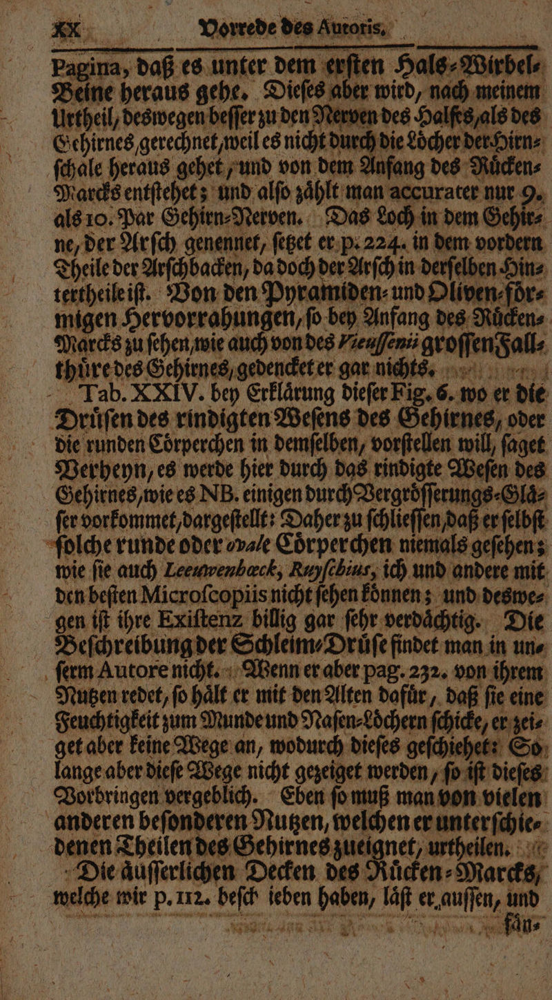 Pagina, daß es unter dem erſten Hals⸗Wirbel⸗ Beine heraus gehe. Dieſes aber wird, nach meinem Urtheil, deswegen beſſer zu den Nerven des Halſes als des Gehirnes gerechnet, weil es nicht durch die Löcher der Hirn⸗ ſchale heraus gehet, und von dem Anfang des Ruͤcken⸗ Marcks entſtehet; und alſo zaͤhlt man accurater nur 9. als 10. Par Gehirn⸗Nerven. Das Loch in dem Gehir⸗ ne, der Arſch genennet, ſetzet er p. 224. in dem vordern Theile der Arſchbacken, da doch der Arſch in derſelben Hin⸗ tertheile it. Von den Pyramiden⸗ und Oliven⸗foͤr⸗ migen Hervorrahungen, ſo bey Anfang des Ruͤcken⸗ Marcks zu ſehen wie auch von des Vieuſſenu groſſen Fall⸗ thuͤre des Gehirnes / gedencket er gar nichees. Tab. XXIV. bey Erklärung dieſer Fig. 6. wo er die Druͤſen des rindigten Weſens des Gehirnes, oder die runden Coͤrperchen in demſelben, vorſtellen will, ſaget Werheyn, es werde hier durch das rindigte Weſen des Gehirnes, wie es NB. einigen durch Vergroͤſſerungs⸗Glaͤ⸗ fer vorkommet, dargeſtellt: Daher zu ſchlieſſen, daß er ſelbſt ſolche runde oder ov /e Coͤrperchen niemals geſehen; wie fie auch Zeeuwenheck, Ruyſcbius, ich und andere mit den beſten Microſcopiis nicht ſehen koͤnnen; und deswe⸗ gen iſt ihre Exiſtenz billig gar ſehr verdaͤchtig. Die Beſchreibung der Schleim ⸗Druͤſe findet man in une ſerm Autore nicht. Wenn er aber pag. 232. von ihrem Nutzen redet, ſo haͤlt er mit den Alten dafuͤr, daß ſie eine Feuchtigkeit zum Munde und Naſen⸗Loͤchern ſchicke, er zei⸗ get aber keine Wege an, wodurch dieſes geſchiehet So lange aber dieſe Wege nicht gezeiget werden, ſo iſt dieſes Vorbringen vergeblich. Eben ſo muß man von vielen anderen beſonderen Nutzen, welchen er unterſchie⸗ denen Theilen des Gehir nes zueignet, urtheilen. Die aͤuſſerlichen Decken des Rüden: Marcks, welche wir p. 112. beſch jeben haben, laͤſt er auſſen, und