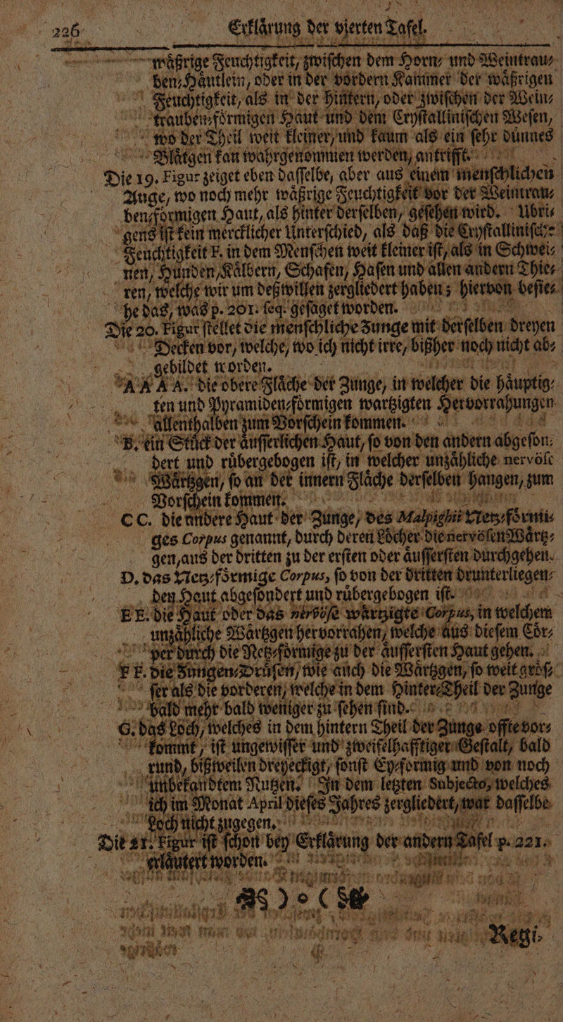 benz Hautle „oder in der vordern Kammer der waͤßrigen Feuchtigkeit, als in der hintern, oder zwiſchen der Wein⸗ ne zen Haut und dem Cryſtalliniſchen Weſen, wo der Theil Bein kleiner, und kaum als ein ſehr dünnes | “ Blätgen kan wahrgenot nen werden, antrifft. Die 19. Figur zeiget eben daſſelbe, aber aus einem koennen j Auge, wo noch mehr wäßrige Feuchtigkeit dor der Weintrau⸗ beneformigen Haut, als hinter derſelben, geſehen wird. Ubri⸗ gens ſſt kein mercklicher Unterſchied, als daß die Eryſtalliniſche Heuchtigkeit F. in dem Menſchen weit kleiner iſt, als in Schwei⸗ „Hu nden Kälbern, Schafen, Haſen und allen andern Thie. ren n welche wir um deß willen zetgl iedert haben; hiervon beſte⸗ En has: was p. 201. feg. geſaget worden. Die 20. Figur ſtellet die menſchliche zunge mit berſiben drehen vs 155 Decken vor / welche, wo ich nicht! irre, bißher ee ab⸗ N Ne worden SR A. die ee fe Zunge, in wehher die haͤuptig⸗ e end e förmigen wartzigten Herborrahungen allenthalben zum e e TR 2 . UnS | er daten rlichen Haut, ſo von den Saen ae dert und ruͤbergebogen iſt, in welcher unzaͤhliche nervöſe Waͤrtzgen, fo an de 8 2 derselben ö een e in e W e | 9 a be | d 155 at oder das „ele w I 10 0 d kae 1 ee. He ar De Before e ein welche id dem . 2 welches in dem hintern d Theil der g unge 0 öſſte bor; m 8 ungewwiſſer und zwei g jf el) bald 5 RE * Yiibefaindten Nutzen. In dem legte ich im Monat April dieſe e Lock egen. vi 15 i Die gr. Figur iſt ſchon be 821 CE fer worden. ee Wi ; 892655 * a 5 2 55 „( S. 55 fi IM in I Be 47 I 1% 5 Nen Nu a 3 Ber N. Er) rden Er 5 an 1 i | ' \ 7 1410 5 Wendler 0 5 k — 15 SH,