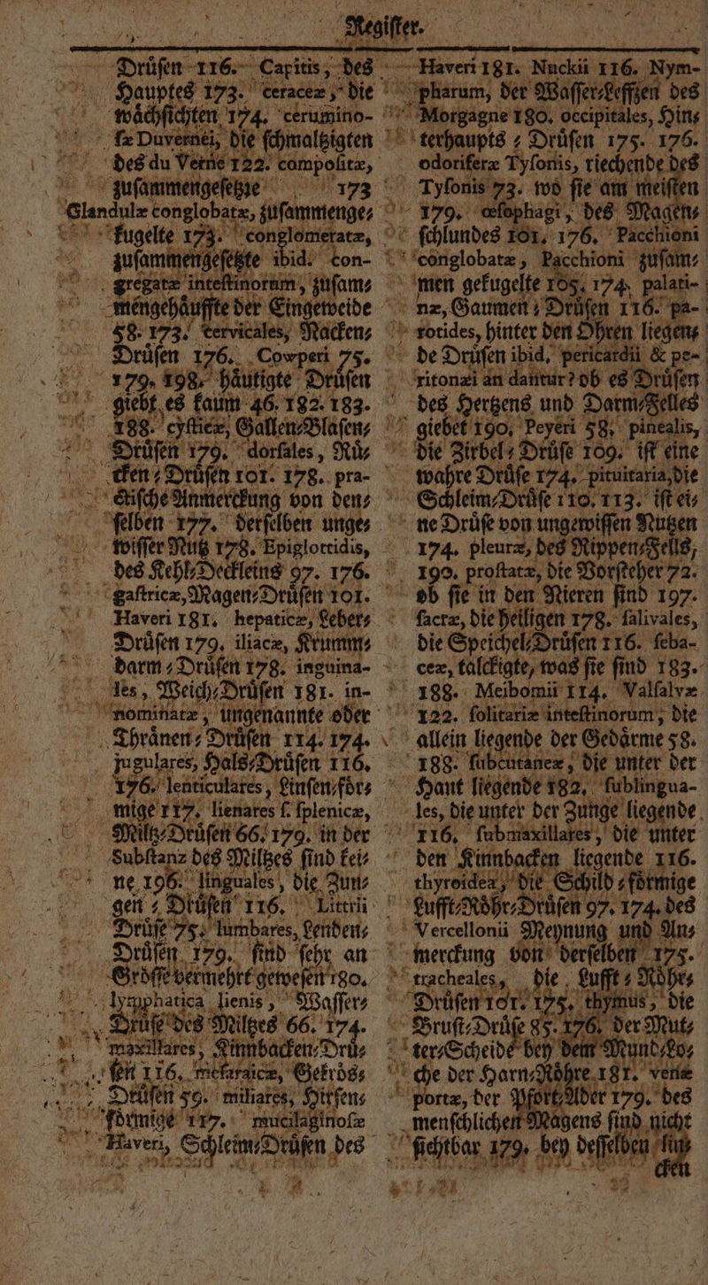 icht ie 2775 . du Verne 122. compolitæ, zuſammenge kugelte 1 con lem 1 2 on- OHR zuſam⸗ uffte de Emgeweide berricales, en Dr 9 5 Haute Dilen es kaum 46. 182. 183. 93 er Glen Se, 179. dorſales, Ri fen tor. 178. pra- 14? ſelben 177. e, unge⸗ del ch 178 des Kehl Deckleins 97. 176. Laſtrieæ, Magen⸗Druͤſen 101. Druͤſen 1 79, iliacæ, darm Drüfen 178. Far. Tbhraͤnen Drüsen 114. 174. jugulares, Hals Drüſen 116. 176. lenticulares, Linſenfors ne 1965. ‚linguales , die, 1 gen. Diät ars. Draß 78. Tumbares, ehe berehtt geweſelr zo. des Miltzes 66. ar arı | 95 des Ber 176, Pace ioni conglobatæ, Pacchic | men gefuglte 105, 174 gr ee DER den Ohre 1 liegen de en ibid., pericardii Kpe- be an Er ob es Drüfen f ace e und De elles 1190, 5 pinealis, die Zirbel; Bar: 105 lie eine Drüfe 174. pituitaris die im Druͤſe 110. 113. iſt ei⸗ ne Drüfe von un le nu 5 190. proftatz, die Volſecher, 72. ob fie Be den Nieren find 197. ſacræ, die eilig rue 178. da i die Speichel⸗Di . 24 e ie ſind 183. / 188. Meibomi 1 114. Valſalyz 122. ſolitariæ inteſtinorum; die * allein 111 e der Gedaͤrme 58. 188. K ner, die unter der Hant liegende 182. fublingua- les, die 1 der unge liegende 116. fi re „ die unter He thy Franke Schili Sum Sb. S ercellonii eynun An; merckung von . 2 5 . A he „die L Lufft; Druͤſen 1 er! 175. thy Bruſt⸗Druͤſe 85.176 ee che Ka dm em 55 che der 8 portæ, der menſchlichen gens fi d n icht ſechtbar 17. 0 5 * * AT) Ya 1 55 1 1 9.