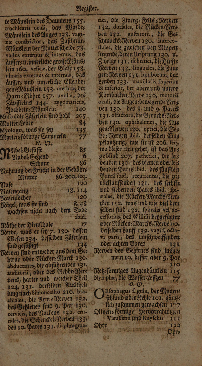 Nele 8 rr. ici, die Zwerg⸗ Fels 4 Nel en ‚trochlearis ocul, das Windes 132, dorfales, die Ruͤcken⸗Ner⸗ le de ines 3 vagi⸗ ven 132. gultatorü, die Ges uſchnuͤr⸗ ſchmacks⸗Nerven 130. interco -- tur ae ter cheide 78. ales, die ztwiſchen den dp 3 vaſtus exter en. das liegende, deren Urſprung 130, u aͤuſſer⸗ u. innerliche groſſe Maͤus⸗ Zweige 13 . ifchiatici, die Hüfte N 160. veſicæ, der Blaſe 158. Nerven jr linguales, die Zung xter nus &amp; internus, das 17 gen⸗Nerve 1 31. lumborum, der Auf und innerliche Ellenbo⸗ Lenden 133. maxillatis ſuperior iu: aͤuslein 153. urethr&amp;, der &amp; inferior, der obere und untere Fal 157. uvulæ; des \ Kintibacken,Nerye 130, motor Zaͤpffleins 144. arzomaticds, oculi, ng Augen, bewegende Pers 1 bein Masken 5 14⁰ ven 130. des 8. und 9. 9. Pares Mufculöße Zaͤſerlein find cht 20 1 131.0 adteriz bie Gerüche Merz 3 Leber eee OR hthalmici , 115 Au⸗ Lerve 28. optici, die 12 erben bid. derflben En⸗ U | vie ſie iſt 206. ſeg. Abel He 5 a 4 wo dieſer neingehet, iſt das Anz. gend en | hr 5 wu L Nabel e 66 ge blind 20 2 07: pathetici, die le i hu 86 denden 138. des vierten oder le s Nahrung e in der Gebihe denden Pates ibid. des fünften | Mutter 86 200, ſeg. Paares ibid. recurrentes, die; zu fe ° . rücklauffenden 131. des ſechſta Naſengang 3 1 15 114 und ſi ſiebenden Pares ibid. pi. Besen 120 ñnales, die Rücken Marcks⸗Ner⸗ Nagel, eee 8.48 cken 112. was und wie viel de 74 wachſen nicht nach den Tode felben find 132, fpinalis vel ac- Se ceflorius, des Willifii bepgefügter Nöthe der Infehale oder Nuͤcken⸗Marcks⸗ Nerbe 110. Nerve, was er ſey 7. 1 — Seen deffelben Lauff 132. vagi ſ. octa- Weſen 134 Bm Zaſerein. vi paris, des umfehroeiffenben 5 ſind g Per oder achten Pares 131 Nerven find entweder aus dem Ge, Nerben des Gehtenes ſind insge hirne Ruͤcken⸗Marck . Br mein 1 10. beſſer aber Par, abducentes, die abfuͤhrenden 13 4 1 1 auditori, oder des Schöner, N G enges e vens, harter und de Theil Nymeha, ET 5. a 1 2 75 131. derſelben Austhei⸗ | mai F ſu lung nach ch simoncellio 210. bra- O% 11 = > d ers | ee a0 4 | chiales, die Arms Nerven 732. _ doder Kehle 101. gaͤnz⸗ des schen ſind 9. Par 130. Aich 9 — a wachſen 177 ige er nn * is, des Nackens 132. cru- Oliben Sack een 133 1 5 — e pers 15 a