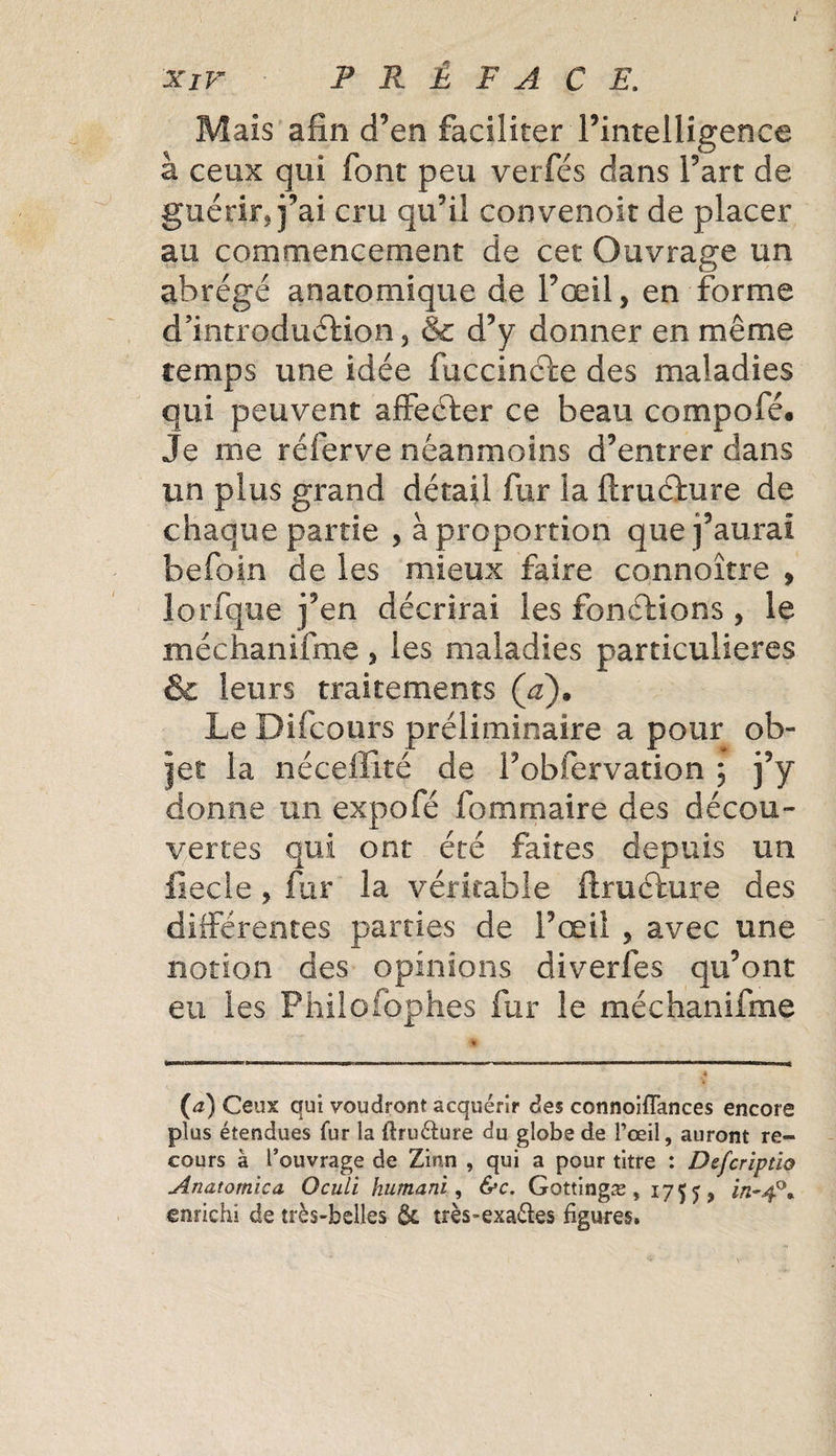 Mais afin d’en faciliter l’intelligence à ceux qui font peu verfés dans Fart de guérir, j’ai cru qu’il convenoit de placer au commencement de cet Ouvrage un abrégé anatomique de l’œil, en forme d’introduéHon, &amp; d’y donner en même temps une idée fuccincle des maladies qui peuvent affecter ce beau compofé. Je me réferve néanmoins d’entrer clans un plus grand détail fur la ftruâure de chaque partie , à proportion que j’aurai befoin de les mieux faire connoître , lorfque j’en décrirai les fonctions , le méchanifme, les maladies particulières &amp; leurs traitements (a). Le Difcours préliminaire a pour ob¬ jet la nécelfité de l’obfervation ; j’y donne un expofé fommaire des décou¬ vertes qui ont été faites depuis un fiecle , fur la véritable ftruckire des differentes parties de l’œil , avec une notion des opinions diverfes qu’ont eu les Philofophes fur le méchanifme * w (a) Ceux qui voudront acquérir des connoifTances encore plus étendues fur la ftruUure du globe de l’œil, auront re¬ cours à l’ouvrage de Zinn , qui a pour titre : Dsfcriptlo Anatomica Oculi humant , &amp;c. Gottingæ, 1755, in-4°^ enrichi de très-belles ôc très-exa&amp;es figures.