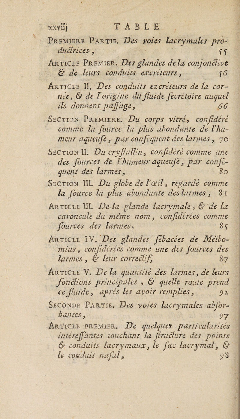xxv itj T À B L E Premiers Partie. Des voies lacrymales pro- duârices9 f f Article Premier. Des glandes delà conjonctive &amp; de leurs conduits excréteurs 9 $6 Article îï. Des conduits excréteurs de la cor¬ néey &amp; de T origine du fluide fecrétoire auquel ils donnent petffage, 66 Section Première. Du corps vitré* confédéré comme la fource la plus abondante de Vhu¬ meur aqueufe, par conféquent des larmes, 70 Section il. Du cryftallin9 confidéré comme une des Jburces de ïhumeur aqueufe 9 par confé¬ quent des larmes9 80 Section III. Du globe de Vœil9 regardé comme la fource la plus abondante des larmes , 81 Article III. De la glande lacrymale , &amp; de la caroncule du même nom9 confédérées comme four ces des larmes, Article IV. Des glandes fébacées de Méïbo- mius 9 confidërées comme une des fources des larmes 9 &amp; leur correctif 87 Article V. De la quantité des larmes9 de leurs fonctions principales * &amp; quelle route prend ce fluide 9 après les avoir remplies 9 91 Seconde Partie. Des voies lacrymales abfor- b antes 9 5) 7 Article premier. De quelques particularités intéreffantes touchant la jlruchire des points &amp; conduits lacrymaux9 le fac lacrymal$ &amp; h conduit nafal, 5? S