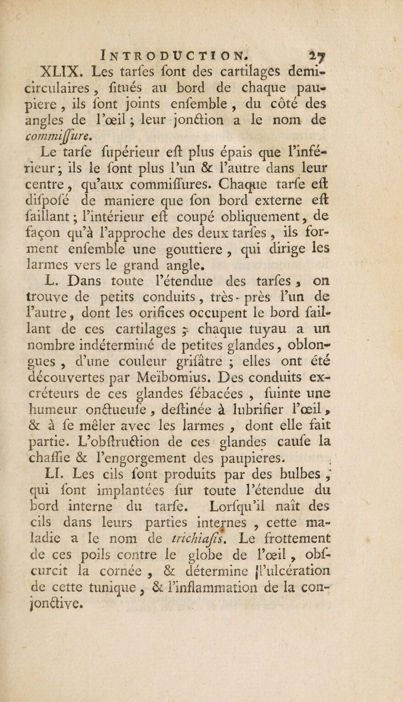 XLIX. Les tarfes font des cartilages demi- circulaires, fitués au bord de chaque pau¬ pière , ils font joints enfemble , du côté des angles de l’œil ; leur jon&ion a le nom de commijjiire. Le tarfe fupérieur eft plus épais que l’infé¬ rieur; ils le font plus l’un & l’autre dans leur centre, qu’aux commifïures. Chaque tarfe efl difpofé de maniéré que fon bord externe efl faillant ; l’intérieur eft coupé obliquement, de façon qu’à l’approche des deux tarfes , ils for¬ ment enfemble une gouttière ? qui dirige les larmes vers le grand angle. L. Dans toute l’étendue des tarfes, on trouve de petits conduits, très - près l’un de l’autre, dont les orifices occupent le bord fail¬ lant de ces cartilages ; chaque tuyau a un nombre indéterminé de petites glandes, oblon- gués , d’une couleur grifâtre ; elles ont été découvertes par Meïbomius. Des conduits ex¬ créteurs de ces glandes fébacées , fuinte une humeur on&ueufe, deflinée à lubrifier l’œil > & à fe mêler avec les larmes 3 dont elle fait partie. L’obflru&ion de ces glandes caufe la chaffie & l’engorgement des paupières. LL Les cils font produits par des bulbes y qui font implantées fur toute l’étendue du bord interne du tarfe. Lorfqu’il naît des cils dans leurs parties internes , cette ma¬ ladie a le nom de trichiajîs. Le frottement de ces poils contre le globe de l’œil , obf- curcit la cornée 9 & détermine ji’ulcération de cette tunique ? & l’inflammation de la cou- jonélive.