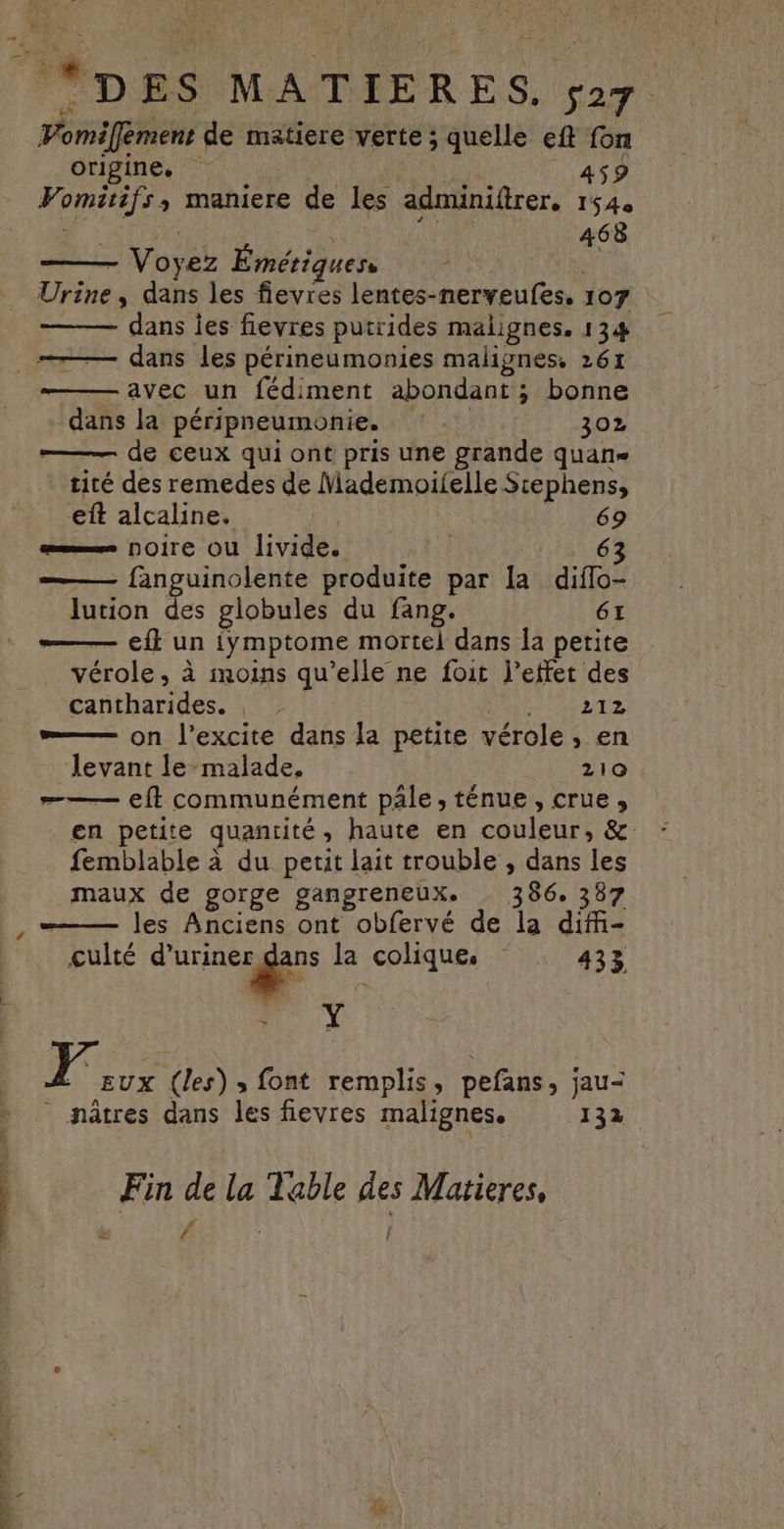 x. *p ES MATIERES. S27 Vomiffement de matiere verte ; quelle eft fon origine, 459 Vomitifs, maniere de les admüniftrer. 154. | Yu 468 - Voyez Émériquess | Urine, dans les fievres lentes-nerveufes, 107 dans ies fievres putrides malignes. 134 a Ÿ 4 C4 —— avec un fédiment abondant; bonne dans la péripneumonie. | 302 ——— de ceux qui ont pris une grande quans tité des remedes de Mademoifelle Stephens, eft alcaline. 69 ——— Noire OÙ livide. 63 —— fanguinclente produite par la diflo- lution 8 globules du fang. 61 — eft un iymptome mortel dans la petite vérole, à moins qu’elle ne foit l’etfet des cantharides. ARTRE* =—— on l’excite dans la petite vérole, en levant le malade, 210 ——— eft communément pâle, ténue , crue, en petite quantité, haute en couleur, &amp; femblable à du petit lait trouble , dans les maux de gorge gangreneux. . 386.387 —— les Anciens ont obfervé de la difi- çulté net à la colique, 433 7% 4 EUX (les), font remplis, pefans, jau- nâtres dans les fievres malignes. 132 Fin de la Table des Matieres, 4