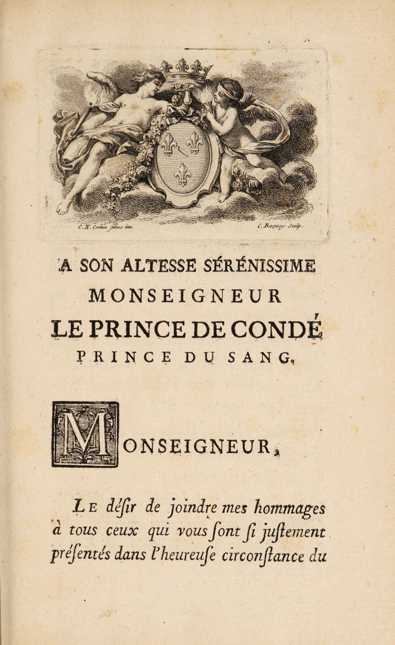 v . ■ A SON ALTESSE SÈRÉNÏSSÏME MONSEIGNEUR LE PRINCE DE CONDÉ >* PRINCE DU SANG, ONSEIGNEUR* L e déjir de joindre mes hommages a tous ceux qui vous J ont Jî jujlement préfentés dans l’heureufe circonjlance du /