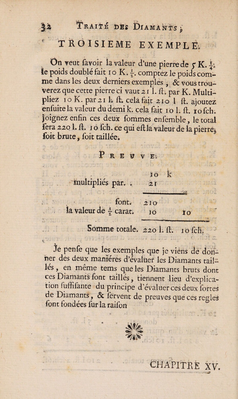 Ü^RÂIÏE Djsî Dia MANTS 'P TROISIEME EXEMPLE. Otl veut fa voir la valeur d’uné pierre de p K. h le poids doublé fait ioK.i comptez le poids com¬ me dans les deux derniers exemples , &amp; vous trou- verez que cette pierre ci vautjzi 1. ft; par K. Multi¬ pliez io K. par ai 1® ft. cela fait 210 1 ft. ajoutez enfuite la valeur du demi k. cela fait 10 1. ft. iofch. Joignez enfin ces deux fommes enfemble, le total fera 2201. ft. j o fch. ce qui eftla valeur de la pierre* foit brute, foit taillée. P R E V V E* . î - 10 k multipliés par. * 21 font, a 10 k valeur de £ carat. j o i o Somme totale, aao 1. ft. 10 fcll ■ .té penfe que les exemples que je viens de don¬ ner des deux manières d’évalüef les Diamants tail¬ les y en meme tems que les Diamants bruts dont ces Diamants font taillés, tiennent lieu d’explica¬ tion fuffifante du principe d’évaluer ces deux fortes de Diamants, &amp; fervent de preuves que ces réglés font fondées fur la raifon