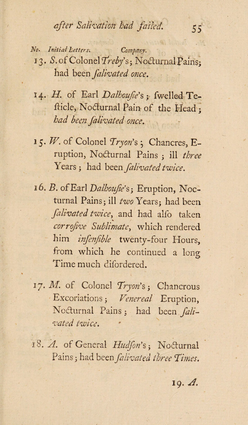 after Salivation had failed. No. Initial Letters. Company. 13. S. of Colonel Trebfs; Nocturnal pains; had been falivated once. 14. ZJ. of Earl Dalhoufe's; fwelled Te- fiicle, NodEurnal Pain of the Head * had been falivated once, 15* hV. of. Colonel Try on's } Chancres, E- ruption, Nocturnal Pains ; ill /ira? \ ears; had been falivated twice. J 6. B, of Earl 'Dalhoufe’s ; Eruption, Noc¬ turnal Pains; ill too Years; had been falivated twice, and had alfo taken % / corrqfive Sublimate, which rendered him infenjible twenty-four Hours, from which he continued a long Time much difordered, i • . 17. HI. of Colonel Tryon's; Chancrous Excoriations; Venereal Eruption, Nocturnal Pains; had been fali¬ vated twice. 18. hi, of General Hudfon'S; Nodturnal Pains; had been falivated three Times, i I9. ^