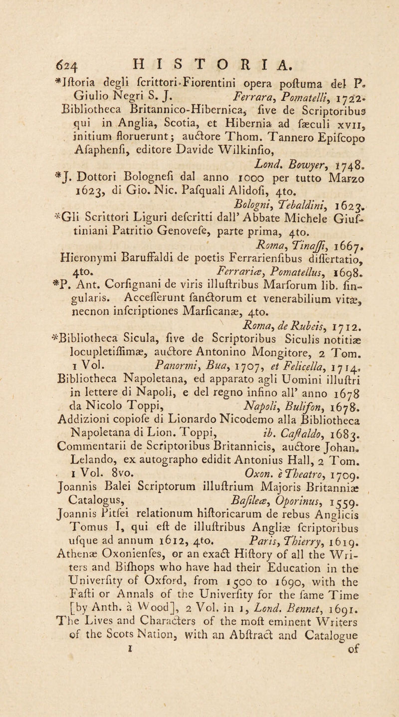 *Jftoria degli fcrittorLFiorentini opera poftuma dei P« Giulio Negri S. J. Ferrara, Po?natelli, 1722® Bibliotheca Britannico-Hibernica, five de Scriptoribus qui in Anglia, Scotia, et Hibernia ad faeculi xvn, initium floruerunt; audtore Thom. Tannero Epifcopo Afaphenfi, editore Davide Wilkinfio, Lond. Bowyer, 1748® *J. Dottori Bolognefi dal anno 1000 per tutto Marzo 1623, di Gio. Nic. Pafquali Alidofi, 410. Bologni, Tebaldini, 1623» *Gli Scrittori Liguri defcritti dall’Abbate Michele GiuL tiniani Patritio Genovefe, parte prima, 4to. Roma, Tinajfi^ 1667. Hieronymi Baruffaldi de poetis Ferrarienfibus diflertatio, 4to. Ferraria?, Pomatellus, 1698* *P. Ant. Corfignani de viris illuftribus Marforum lib. fin- gularis. Acceflerunt fandtorum et venerabilium vitee,, necnon infcriptiones Marficanae, 4to. Roma, de Rubeis, 1712. ■^Bibliotheca Sicula, five de Scriptoribus Siculis notitiae locupletiflimae, audtore Antonino Mongitore, 2 Tom. I Vol. Panormi, Buay 1707, et Feli cella ^ 1714, Bibliotheca Napoletana, ed apparato agli Uomini illuftri in lettere di Napoli, e dei regno infino alP anno 1678 da Nicolo Toppi, Napoli, Bulifon, 1678. Addizioni copiofe di Lionardo Nicodemo alia Bibliotheca Napoletana di Lion. Toppi, ib. Cafaldo^ 1683. Commentarii de Scriptoribus Britannicis, audfore Johan. Lelando, ex autographo edidit Antonius Hali, 2 Tom. ♦ I Vol. 8vo. Oxon. e Theatro, 1709. Joannis Balei Scriptorum illuftrium Majoris Britannia? Catalogus, Bafilece, Oporinus, 1559. Joannis Pitfei relationum hiftoricarum de rebus Anglicis Tomus I, qui eft de illuftribus Angliae fcriptoribus ufque ad annum 1612, 410. Paris, Thierry, 1619. Athenae Oxonienfes, or an exadf Hiftory of all the Wri- ters and Bifhops who have had their Education in the Univerfity of Oxford, from 1500 to 1690, with the Fafti or Annals of the Univerfity for the fame Time [by Anth. a W0od], 2 Vol. in i, Lond. Bennet, 1691. The I Aves and Characters of the moft eminent Writers of the Scots Nation, with an Abftracl and Catalogue J of