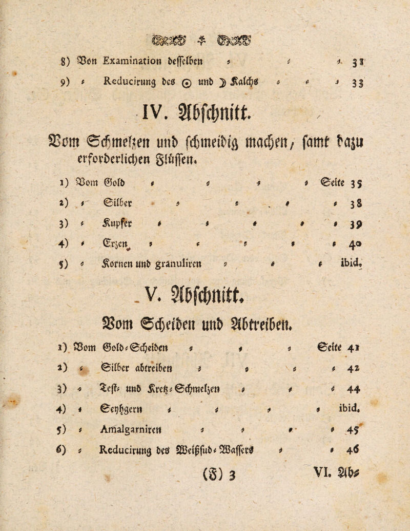 9) i Reduciruitg bes © unb > Jfotcfyg » * * 33 IV. »fc&nift 3Som Sd-msiien unt> fcfcmettiä matfjm, farnt fa^u erforderlichen glöjfett. 1). 5Bom @oft> # 4 $ ©eite 3$ *) * _ 1 - ©USet . 4 < 38 3) $ tupfet # # # # * 3? 4) 4 .(grjen^ » * * # * 40 ,, Sf' f) 4 Bornen tittf granulimt * * # ibid» -V. Slbfc&nitt. $8om ©heften unfc $6trei6eft. 3) Cßom @ofo*@d&ri&en * # $ ©d(« 4» ») i ©t(6er a5trd&en ■* 0 * * 42 3) •5 tmö ©d?raeljeti # # * 44 4) i M ©e^gem * 4 * . ibid. 5) 4 Aiftalgarnitett * * *• & * 4f 6) $ Reducirtwg beö SBe^fub t SEBaffettf * * 46 (3) 3 vi. m