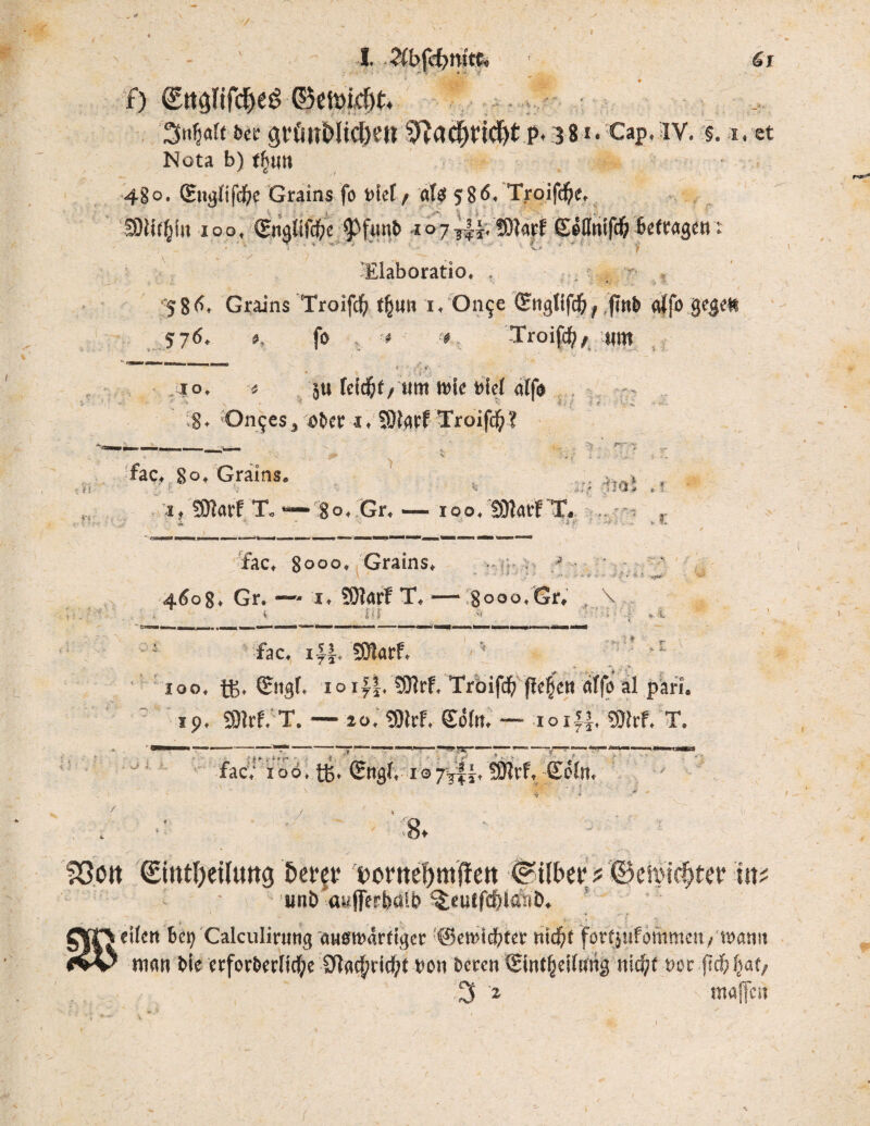 I. ?vbfcf> tritt« ■ 61 f) (Stt^nfdfjeS ©eft>id)t« Sn^ft a*r grCm&licben ^aö^rid&t p. 381. Cap. iv. §. 1. et Nota b) t(wn 48°. (Sngliftbc Grains fo »ief / afg 586, Troiftfye, S)ii{|ftt 100, (Englifcfre ^fnnb 107tH’ 9^arf Eeßnifd) betragen t •y ■Elaboratio* , 58^» Grains Troifdf; tfjun i* On<je (Englifd)f jm& alfo < 576. *, fo # <* Troifdf, unt f . ' : V io, * 3t» feidjt, um wie »fei aff$ 8. Qn^es, ober 1. SDtarf Troifdj? ?V ?**rr~ :■ fac. 80. Grains, ■ ; l ., f i 2 (I '4 » it SJIarf T. — go. Gr. — too, 501a rfj. fac. $ooo. Grains* •ff 4608. Gr. — x* SOlarf T. — 8000*Gr* \ fac. if|. 9Dtarf. ji, ..■ *, 100, tB* ©igf, ioif|. 5Prf. Tröifcb fielen affo al pari. 19. 9M. T. — *0. «Olrf. Söfo. — 101”. 9M. T. *ssr fac; xoö. fft. €ng(, 107v|i. 591rf, £öln, föott (£mtl)et[ung &et*gt4 twneDmfteit &\\bw t '©eibidjter m unö awfferbü’b ^eutfc^lstib. • * t „ • eilen bei; Calculirmtg auswärtiger ©erntetet nidfjf fortjufönimcit; warnt man bie erfordernde 2ftac$>ricbt non beren ©int^eiiarig nidyf nur fief; fjat,