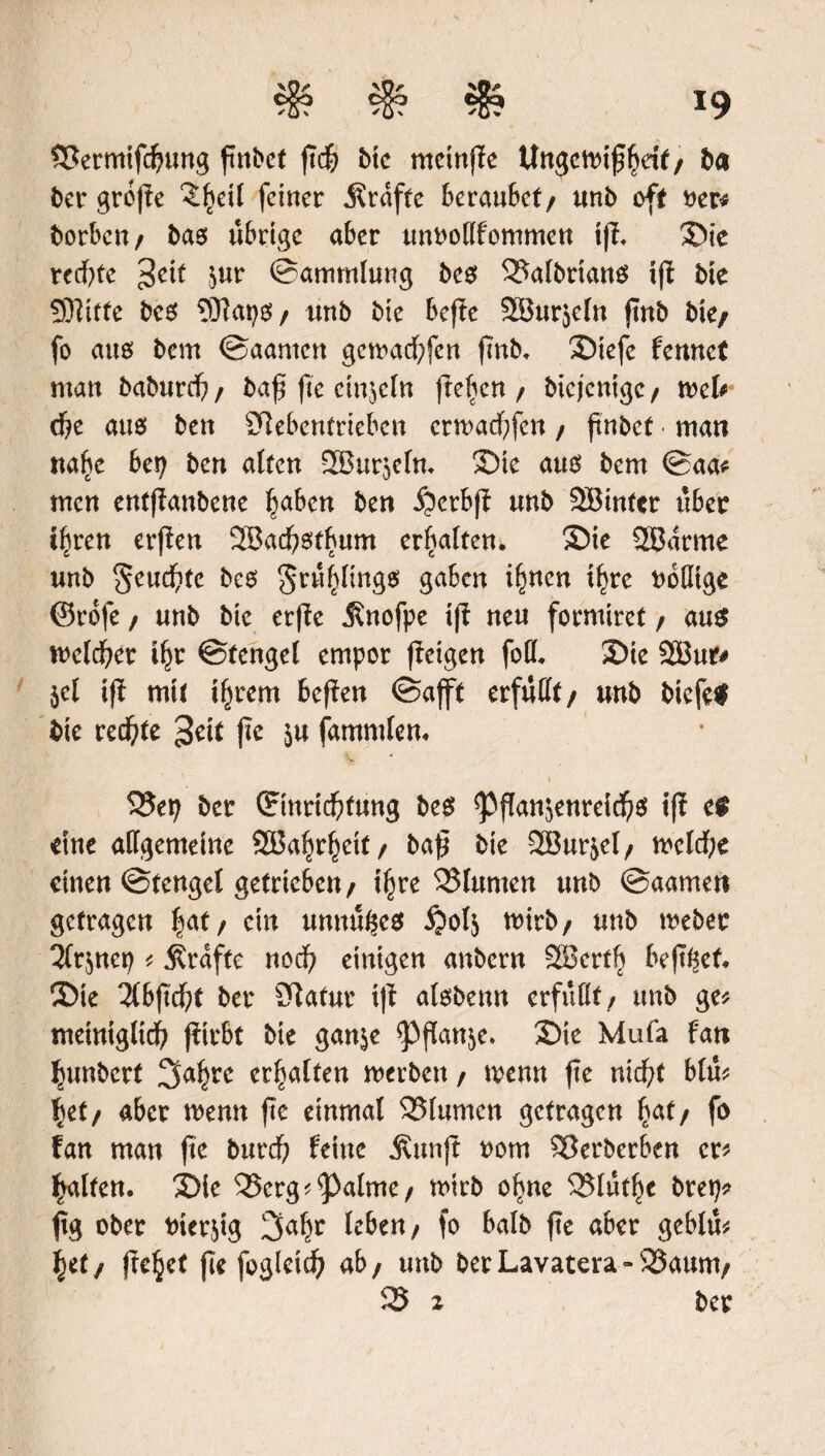 ©ermtfcpung ftnbct ftd& bte rneinpe Ungcwippdt/ b<* bet grope 2:peil feiner Grafte beraubet/ unb oft »er* borben/ bas übrige aber imbodfommen tp. SMe redete ^etf $ur ©ammlung bes 2?albrtan$ tp tue 9)?iffe bcs 9J?at?S/ unb bie bepe SBurjcln pnb bte/ fo aus bem ©aanten gewaepfen pnb, S)iefe fennct man baburep / bap pe einzeln peben / btejenige / mh (pe aus ben ötebentrieben erwaepfen / pnbet • man ttape bet? ben alten 2Bur$efn. £>ie aus bem ©aa? men entpanbene paben ben i?crbp unb 2Bintcr übet tpren erpen SSacpstpum erpalten. £)ie 2ßarme unb §eucpfe bcs gruplings gaben ipnen tpre uofltge Orofe / unb bie erpe Änofpe tp neu formiret / aus welcher tpr ©tengel empor petgen foil, 3)te 2Bu& 5d tp mü tprem bepen ©afft erfüllt/ unb biefeS bie reepte 3dt pe ju famntlen. i 25et? ber ©nrteptung bes ^ppanjenreieps tp ei eine allgemeine SBaprpeit/ bap bie 2Bur$el/ wclcpe dnen ©tengel getrieben/ tpre Blumen unb ©aamen getragen pat/ ein unnupes §olj wirb/ unb webet 2lr$net? ? Kräfte noep einigen anbern SBcrtp beppef, 3>ie 2lbpcpt ber Slatur tp alsbenn erfüllt/ unb ge? meintglicp pirbt bte gan^e ^ppan^e. £>ie Mufa fan punbert 3aprc erpalten werben / wenn pe niept bin? pet/ aber wenn pe einmal SSlumen getragen pat/ fo fan man pe burep feine Äunp rom 23erberben er? palten. £>ie 2Jerg?‘’Palme/ wirb opne SSlutpc brep? ftg ober tuerpg 3apr leben/ fo halb pe aber geblu? pet/ pepet pe fogleicp ab/ unb berLavatera»25aum/ 25 2 bet
