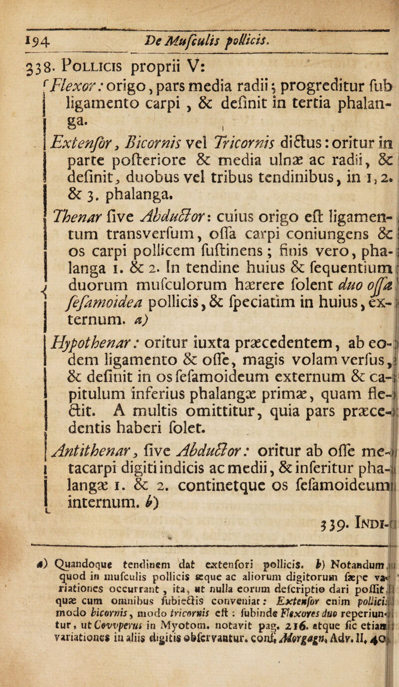 338. Pollicis proprii V: rFlexor: origo, pars media radii; progreditur fub ligamento carpi , & definit in tertia phalan¬ ga. Extenfor, Bicornis vel Tricornis diftus: oritur in parte pofteriore & media ulnas ac radii, 8c definit* duobus vel tribus tendinibus, in 1,2. & 3. phalanga. Thenar five AbduBor: cuius origo efl: ligamen¬ tum transverfum, offa carpi coniungens 8c j os carpi pollicem fuftinens ; finis vero, pha- i langa 1. & 2. In tendine huius & fequentium: duorum mufculorum hserere folent duo offa' fefamoidea pollicis,& fpeciatim in huius,ex-; ternum, a) Hypothenar: oritur iuxta praecedentem, ab eo-: dem ligamento & ofle, magis volam verfus,! & definit in os fefamoideum externum & ca-i pitulum inferius phalangae primae, quam fle-i ftit. A multis omittitur, quia pars praecc-i dentis haberi folet. Antithenar, five AbduBor: oritur ab ofle me-n l tacarpi digiti indicis ac medii, & inferitur pha-: | langae 1. & 2. continetque os fcfamoideumi 1 internum. £) 339. Indi-: 4) Quandoque tendinem dat extenfori pollicis, b) Notandum j quod in mufculis pollicis seque ac aliorum digitorum faepc va«' riationes occurrant, ita, ut nulla eorum defcriptio dari poilit.j quas cum omnibus fubie&is conveniat; Extenfor enim poUiciM modo bicornis, modo tricornis cft : fubind® Flexores duo reperiund i tur, utCwvperus in Myotom. notavit pag. zi6. ctque fic etiaai variationes in aliis digitis obfcmatur, conii Mrgagtt* Adv. II* 40},