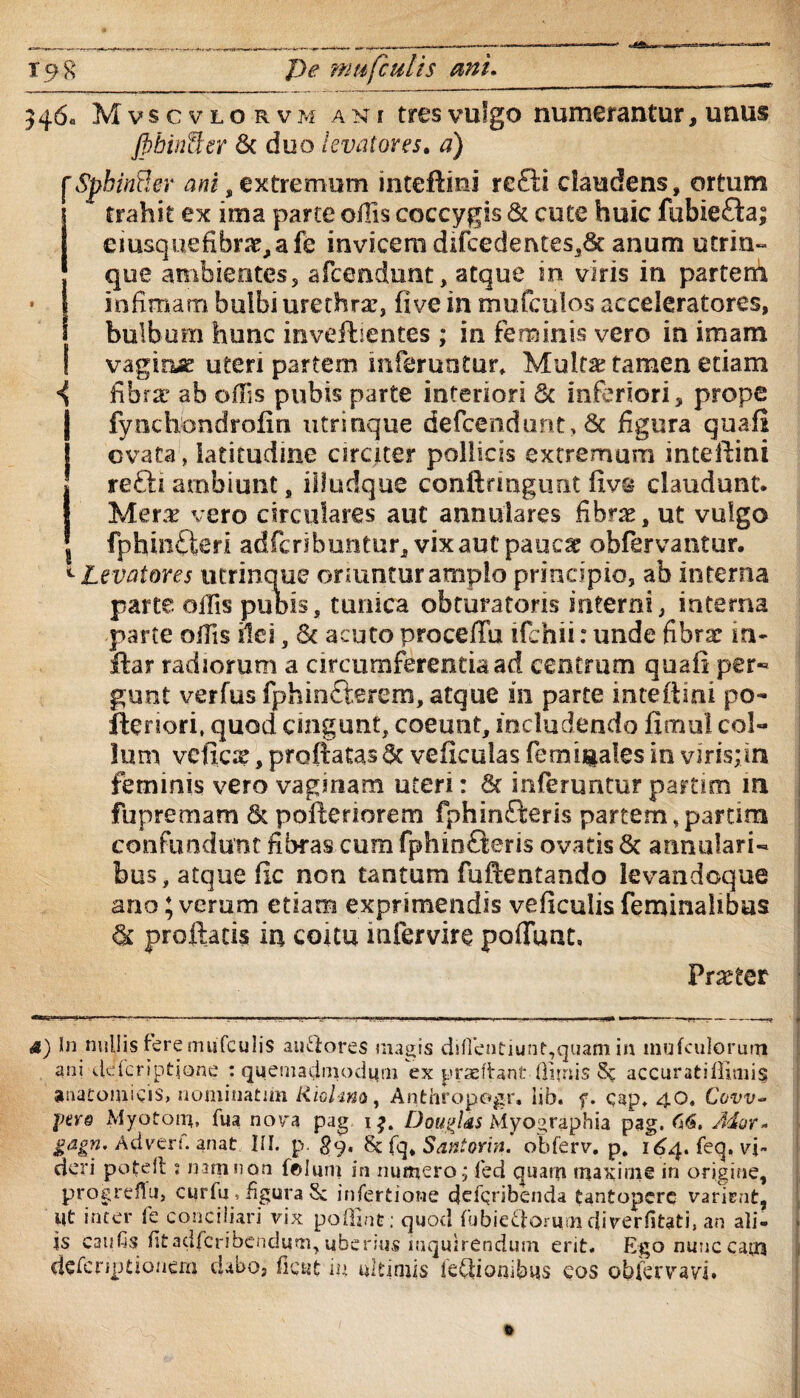 546« Mvscvlorvm ani tres vulgo numerantur, unus JpbinSer & duo levatores. #) ani $ extremum inteftini reffi claudens, ortum 1 trahit ex ima parte offis coccygis & cote huic fubiefta; erasquefibrx,afe invicem difcedentes,8c anum utrin- que ambientes, afcendunt, atque in viris in partem • infimam bulbi urethra:, five in mufculos acceleratores, bulbum hunc inveftientes ; in feminis vero in imam vagina uteri partem inferuntur* Multa: tamen edam i fibra: ab offis pubis parte interiori St inferiori, prope fytichondrofin utrinque defcendunt, 6c figura quali ovata, iatitudme circiter pollicis extremum inteftini J refti ambiunt, illudque conftringunt ftv8 claudunt. I Merx vero circulares aut annulares fibrx, ut vulgo | fphin£ieri adfcribuntur, vix aut paucx oblervantur. 1 Levatores utrinque oriuntur amplo principio, ab interna parte offis pubis, tunica obturatoris interni, interna parte offis ilei, & acuto procefTu ifchii: unde fibrx in- ftar radiorum a circumferentia ad centrum quali per¬ gunt verfus fphinfterem, atque in parte inteftini po- fteriori, quod cingunt, coeunt, includendo ftmul col¬ lum veficx, proflatas dc veiiculas femigales in viris;in feminis vero vaginam uteri: 8c inferuntur partim in fu premam & pofteriorem fphin&eris partem, parum confundunt fibras cum fphin£teris ovatis Sc annulari¬ bus, atque fic non tantum fuftentando levandoque ano; veram etiam exprimendis veficulis feminalibus & proflatis m coitu infervire poffunt, Praeter d) In nullis fere mufculis aiffiores magis diffentiunt,quam in mufculorum ani deicriptjone : quemadmodym ex praeftant(limis accuratiffimi$ anatomicis, nominatiin Rioimo, Anthropogr. lib. f. cap* 40. Covv- per@ Myotom, fua nova pag 1?. DougUs Myographia pag. 66. Ador* gagn, Adverf. anat III. p. #9, & fq, Santorin. obferv. p, 1^4. feq, vi¬ deri potdt « nam non {©Ium in numero; fed quam maxirne in origine, progreflu, curfu , figura 8c infertione defgribenda tantopere varirnt, iit inter Te conciliari vix poffint : quod fubieftorum diverfitati, an ali¬ is catifis {itadferibendutti,uberius inquirendum erit. Ego nunc cajpt) dctcnptionem dabo, fient in uItimis leflionibus eos obfervavi»