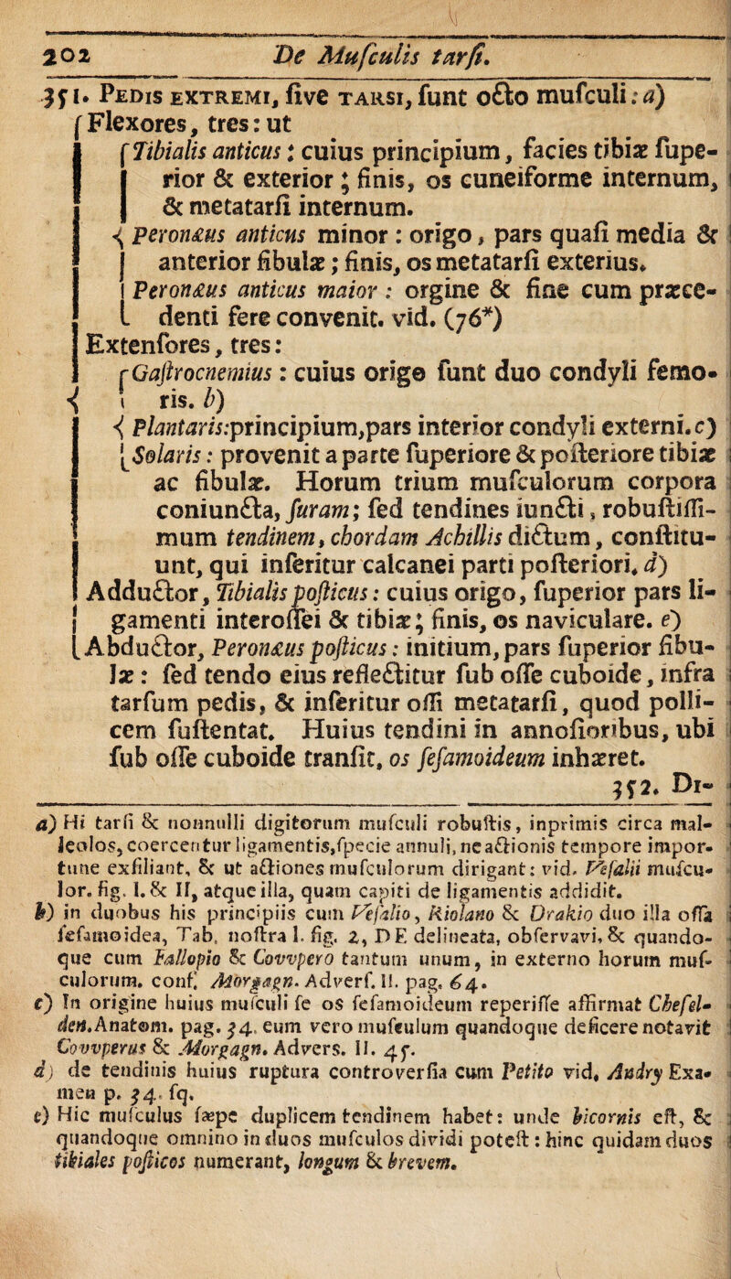 ^ _J 202 De Mu [culis tarfi. i* Pedis extremi, five tarsi, funt o£io mufculi ;<?) [Flexores, tres:ut [Tibialis anticus i cuius principium, facies tibiae fupe- Irior & exterior; finis, os cuneiforme internum, 1 & metatarfl internum. ^ peron&us anticus minor : origo, pars quali media 6c ! anterior fibulae; finis, os metatarfi exterius* Peron&us anticus maior: orgine & fine cum praece- l denti fere convenit, vid. (76*) Extenfores, tres: j'Gaftrocnemius: cuius origo funt duo condyli femo» { \ ris. b) i Ptetara:prmcipium,pars interior condyli externi, c) [Solaris: provenit a parte fuperiore & poilenore tibiae • ac fibulat. Horum trium mufculomm corpora coniun£la,/ar^m; fed tendines iunfli , robuftifli- miim tendinem, chordam Achillis diftum, conftifu- unt, qui inferitor calcanei parti pofteriori. d) Adduftor, Tibialis pofticus: cuius origo, fuperior pars li¬ gamenti interoffei 6c tibiae; finis, os naviculare, e') k Abduftor, Peroneus pofticus: initium, pars fuperior fibu¬ lat: fed tendo eius refle£titur fub offe cuboide, mfra ; tarfum pedis, & inferitor ofii metatarfi, quod polli¬ cem fuftentat. Huius tendini in annofionbus, ubi fub offe cuboide tranfit, os fefanioideum inhaeret. 3f2. Di» runr- r - - 1 - - - - - - m* * —. .u.. ..i... - - ... ■■ — ■■ — i a) Hi tarfi 8c nonnulli digitorum mufculi robuftis, inprimis circa mal- j Jeolos, coercentur ligamentis,fpecie annuli, ne a&ionis tempore impor* 1 tune exfiliant, 8c ut asiones mufcnlorum dirigant: vid. Pifalii rriuicu¬ lor» fig. 1.8c If, atque illa, quam capiti de ligamentis addidit. b) in duobus his principiis cum Vefalio, Riolano Drakio duo illa offa i fefamoidea, Tab, noftra 1. fig, 2, DF. delineata, obfervavi,8c quando¬ que cum Fallopio <5k Covvpero tantum unum, in externo horum muf» culorum, confl MbYgagn. Adverf. II. pag, £4. 0 *n origine huius mufculi fe os fefanioideum reperifTe affirmat Cbefel- j den.Anat&m, pag, ^4, eum vero mufculum quandoque deheere notavit I Covvperus 8c Morgagn» Advers. II. 45*. d) de tendinis huius ruptura controverfia cum Petite vid, Andry Exa* mea p. ^4» fq, c) Hic mufculus f&pc duplicem tendinem habet: unde bicornis cft, 8e i quandoque omnino in duos mufculos dividi poteft : hinc quidam duos ! tibiales pofiiccs numerant, longum & brevem.