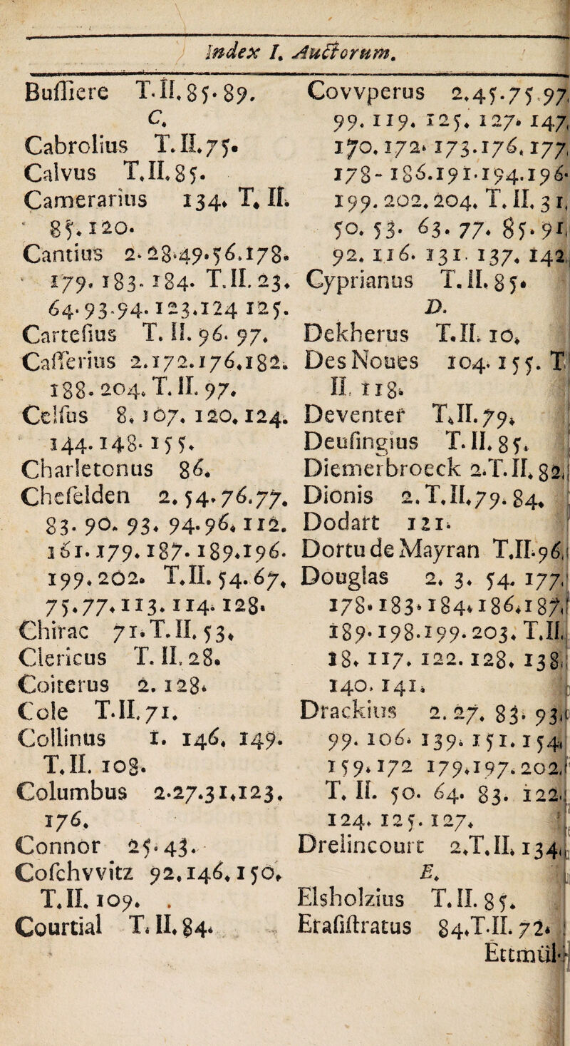 Covvperus 2,45.75.97 99. 119. 125. 127. 147, 170.172.173.176.177 178- 1S6.191-194.196- 199.202.204. T. II. 31, 50. 53. 63. 77. 85.91, 92. 116. 131. 137. 142, Bulliere T- II. 85-89. c, Cabrolius T. II. 7 5. Calvus T. II.85. Camerarius 134, T, II, • g f. 120. Cantius 2-23.49.56.178. • 179.183.184- T.II. 23. Cyprianus T.II. 85* 64-93-94.123.124125. D. Cartefius T. SI. 96. 97. Dekherus T.IL 10» CafTerius 2.172.176.182. DesNoues 104.155. T 188. 204. T. II. 97. II 118» Celfus 8. j 07.120.124. Deventef TJI. 79, 144.148-155. Deufingius T. II. 85. i Charletcnus 8*5. Diemerbroeck 2.T.II. 82, Chefelden 2.54.76.77. Dionis 2.T.II.79.84, 83. 90. 93. 94.96.112. Dodart 121. 161.179. i87-189.196. DortudeMayran T.II.96,: 199.202. T.Ii. 54.67, Douglas 2.3. 54.177, 75.77,113.114,128. Chirac 71.T.II. 53, Clericus T.II. 28. Coiterus 2.128. Cole T.II. 71. Collinus i. 146. 149. T.II. 103. Columbus 2-27.31,123. 176. Connor 25-43. Cofchvvitz 92.146,150, T.II. 109. . Courtial T. II. 84. I78«i83‘*84*i86,i8/ri 189-198-299.203. T.II. 18.117. 122.128, 138. 3 ^j.O > 3 tj. I » ; f Drackius 2.27. 83- 931(1 99.106.139,151.154, 159.172 179.197.202,1 T. Ii. 50. 64. 83. 122-! I24. 12 5. 127. | Dreiincourt 2.T.II, 134,, E. ■ t; Elsholzius T.II. 85. Erafiftracus 84.T.IL 72« :