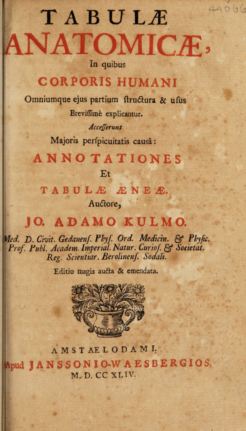 TABUli ANATOMICA. in quibus CORPORIS HUMANI Omniumque ejus partium flrudtura & ufus Brevifiimk explicantur. Acceperunt Majoris perfpicuitatis causa: ANNOTATIONES Et TABULA £N££. Au(5lore? JO. ADAMO KULMO. Ued. D. Civit. Gedanenf. Phy/. Ord. Medicin. p§ Pbyfic« Prof. Pubi. Academ. Imperial. Natur. Curiof & Soeietat; Keg. Scientiar. Berolinenf Sodali. Editio magis au&a & emendata. AMSTAELODAMI; hpud JANSSONIO-W AESBERGIOS. M. D. CC XUV,