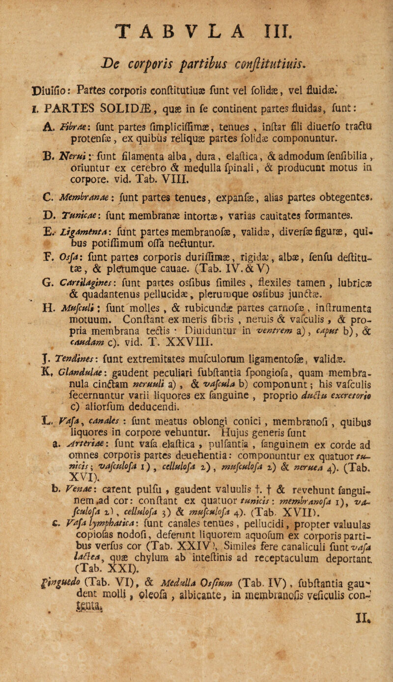 De corporis partibus conjlitutiuis. Diuifio: Partes corporis conftitutiuas funt vel folidae, vel fluidi I. PARTES SOLIDiE, quae in fe continent partes fluidas, funt: A. Fibrae: funt partes fimpliciffimae, tenues , inftar fili diuerfo traflu protenfo, ex quibus reliquae partes folidae componuntur. B. Nerui: funt filamenta alba, dura, elaftica, & admodum fenfibilia, oriuntur ex cerebro & medulla fpinali, & producunt motus in corpore, vid. Tab. VIII. C. Membranae: funt partes tenues, expanfae, alias partes obtegentes. D. Tunicae: funt membranae intortae» varias cauitates formantes. E. - Ligamenta: funt partes membranofae , valida;, diverfae figurae, qui* bus potiflimum ofla ne&untur. F. Osfa: funt partes corporis duriflimae, rigida;, albae, fenfu deftitu- tae, & plerumque cauae. (Tab. IV. &V) G. Cartilagines: funt partes osfibus fimiles , flexiles tamen , lubricae & quadantenus pellucidae » plerumque osfibus junclre. H. Mufcul»; funt molles , & rubicundae partes carnofae, inflrumenta motuum. Conflant ex meris fibris , neruis & vafculis, & pro¬ pria membrana teflis * Diuiduntur in ventrem a), caput b), & caudam c). vid. T. XXVIII. J. Tendines: funt extremitates mufculorum ligamentofie, validae. K» Glandulae: gaudent peculiari fubftantia fpongiofa, quam membra¬ nula cinctam neruuli a), & vafcula b) componunt; his vafculis fecernuntur varii liquores ex fanguine , proprio duttu excretoria c) aliorfum deducendi. L, Vafa, canales : funt meatus oblongi conici, membranofi, quibus liquores in corpore vehuntur. Hujus generis funt a. Arteriae: funt vafa elaftica , pullantia , fanguinem ex corde ad omnes corporis partes deuehentia: componuntur ex quatuor**- nicis; vafculofa i) , ccllulofa 2.), mufculofa 2,) <& neruea 4). (Tab. XVI). b. Venae: carent pulfu , gaudent valuulis f. f & revehunt fangui^ nem .ad cor: conflant ex quatuor tunicis: membranofa 1), va- fculofa z), cellulofa 3) & mufculofa 4). (Tab- XVII). c. Vafa lymphatica: funt canales tenues , pellucidi, propter valuulas copiofas nodofi, deferunt liquorem aquofum ex corporis parti¬ bus verfus cor (Tab. XXIV \ Similes fere canaliculi funt vafa laftea y quae chyluna ab inteflinis ad receptaculum deportant (Tab. XXI). 'pinguedo (Tab. VI), & Medulla Osftum (Tab. IV), fubftantia gau^ dent molli, oleofa } albicante, in membranofis veficulis con- II*