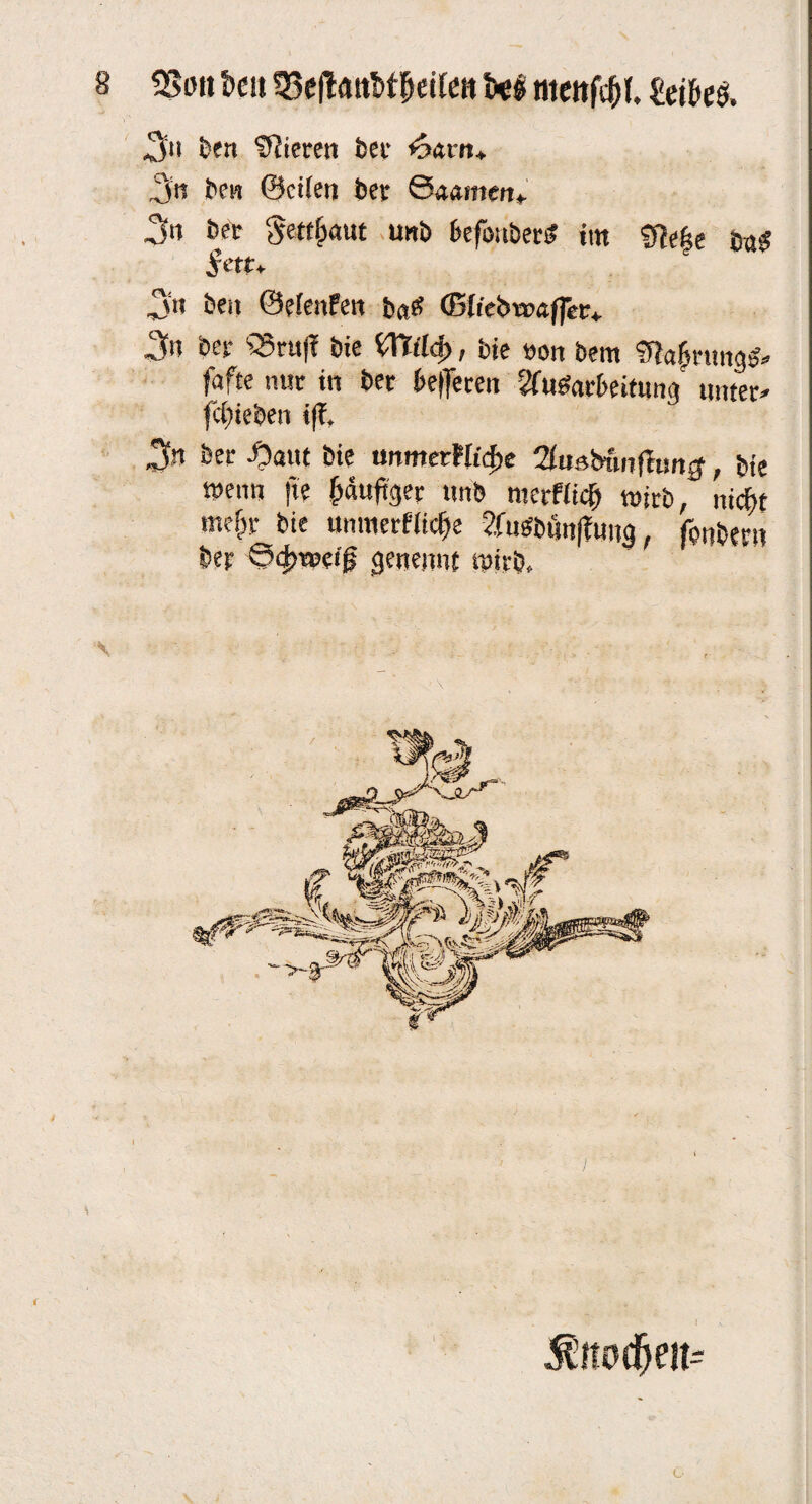 3'i öen Vieren bet- <5ittn» ,3n ben ©eilen ber Snamert*. 3» öer Settjwtt unb befonbertf int SMe Mi $ett* 3n Öen ©elenfen Mi (Bltebwaffet* •3« ber 55ru(! bie CTMd>, bie »on betn ^a&nmgS* fafte nur in bet belferen äubarbeitum/ unter» fd)ieben i(T, ber -Oaut bie tmmerWidje 21ußbunfitm0, bie wenn fte häufiger unb merflich wirb, nicht mefpr bie umtierflicf)e Zfubbftnffuitg, fonbern ber ©djwcig geneuut wirb. $!t0£f>eit=