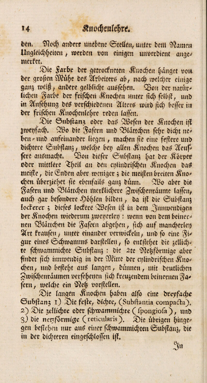 H bem anbete unebene ©teilin, unter beul Dtamm Ungleichheiten t werben tton einigen wimbtem ange^ werfet* ©ie färbe bet gettocfneten ^uocfjen §dnget ooti bet gtofen £0?ü|e be£ 3frbeieer£ ab, nach weichet einige jgcmj voä$ f anbete gelblief t auafehen* Q3en bet natüt* fielen Satbe bet ftifc^eti Knochen nutet (ich felbff, tmb in 2fnfe6ung be£ mfchiebenen Siflterä wirb |tcE> bejfec in bet frifchen Änoc^en(e§te teben la)fem ©ie ©ub$an$ ober baa’ QBefen bet Äriocfjen if? jwepfach* 2Bo bte Wafern unb ^Idttc^en fejjr bict)t ne* beit - tmb attfeiuanbet liegen , machen |te eine feiere tmb biestere ©ub|fanj t Welche bet; allen Änoc^en ba£ 2feup fete anbmac^t £Son biefer ©ubffani £af bet Äbtpet £ber mittete ^eil att ben cplinbrifchen $nocl;en ba£ tneijf e, bie ßrnben aber weniger; bie meijfen breiten Äno* eften uber^ie^ei fte ebenfalls ganj bunm 2©o aber bie $afem ttnb Q3ldttd;en WetWichete 3wifc$et!£äume taffen; auch gar befonbere $6&len bilbeti, ba ift bie ©tibffanj foeferet ; biefet locfece 28efen iff in bem ^nnmenbigen bet ^noeben wiebetum jwetjerletj i wenn uon bem beinec* nett fSldttchen bie Unfern abgehen, (ich auf mancherlei %tt frattfen f unter einanber uerwicfeln > tmb fo eine $i* gut eines? ©chwamms? barfMen, fo entfielet bie jettich* te f$mammict)te ©ttbfianj: bie iu 9le|f6rmige aber ftnbet ftet; itmwenbig in bet SDJitte bet cplinbrifchen Mm* eben, tmb befielt att£ langen, btmnen, mit beutlicben gmifcbenrdumen Reifezeiten (leb frewjenbem beinernen §4* fern, welche ein uorfellem ©ie langen Änocben haben alfo eine btepfad^ Subfian^ i) ©ie fe|ie, bicfttc, (Subflantia compadla), 2) ©ie $elltd)te cbet fdpvo&mmidptt ( fpongiofa ) r unb 3) bie nettformige (reticularis), ©ie übrigen hinge* gen befielen nur att^ einet fchwammic^ten ©ubjiänj, bie in bet bitteren eingefcblojfen i|T*