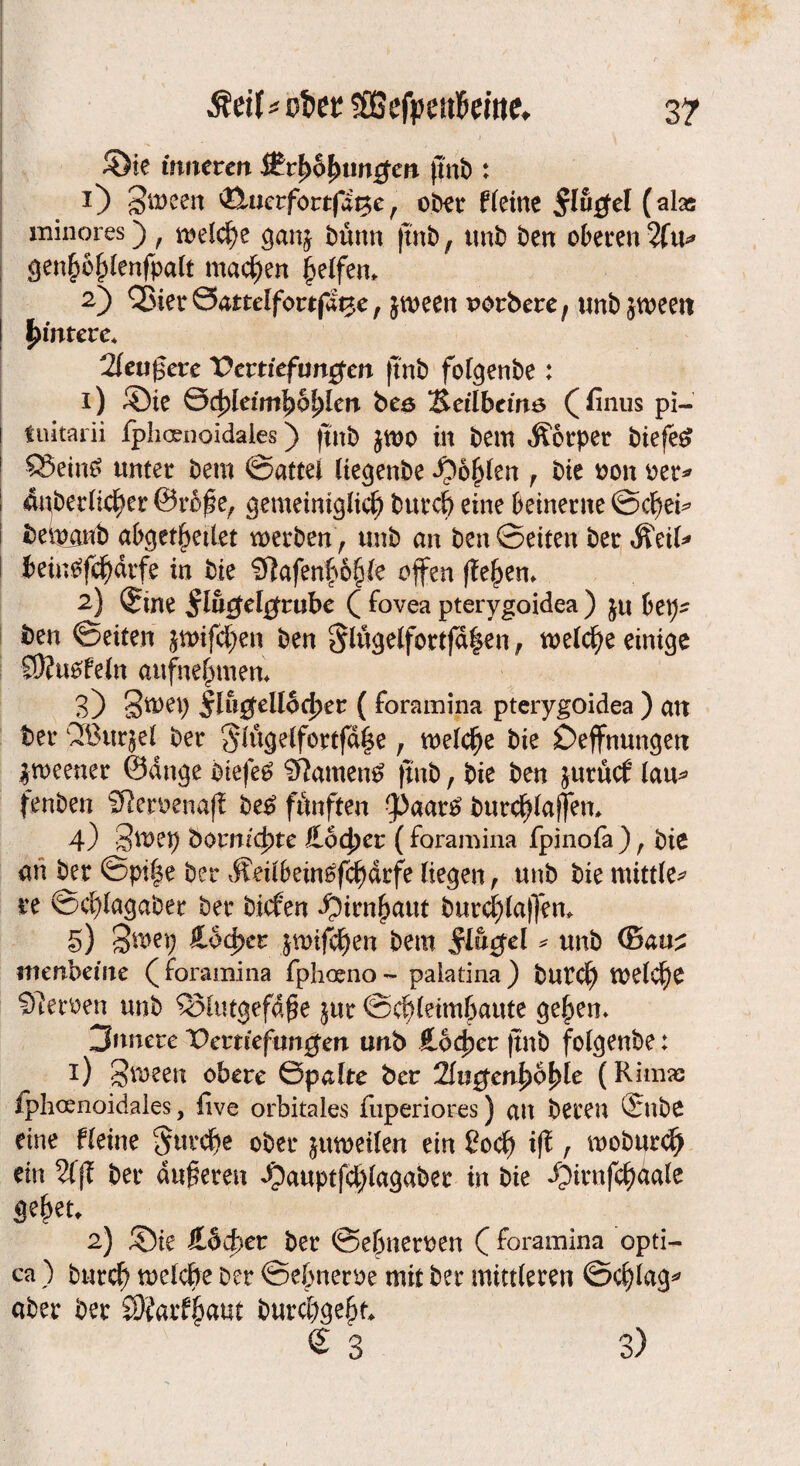 3? $df * ot>er SEBefpettBewe* >Öie inneren Strfyfyungcn (int): 1) g^een duerfortfatje, oi>etr fleine $lügel (ala; minores) r melche ganj Dünn (tnb, unb Den oberen 2(u* genhohlenfpalt machen Reifen, 2) Q>ier0attclfortfdt3e, jmeen uorbere, wnDstoeeit | Jnntere* Aeußere Vertiefungen (TnD folgenbe: 1) ®ie Sc^leim^o^len beö ‘Seilbeine (finus pi- tuitarii fphcenoidales) ftnD jmo in Dem Äorper Diefe£ £5ein£ unter Dem ©attel liegenbe Soliden r Die oon oer* ! apberlicher ©roße, gemeiniglich Durch eine beinerne ©chei* beraub abgeleitet werben r unD an Den ©eiten Der «Seil* beintffchdrfe in Die 0Jafenho§(e offen (feiern 2) ©ne iflügelgrube (fovea pterygoidea ) ju bep- Den ©eiten jmifchen Den $lügelfortfd|en, welche einige mm fein aufnehmen* 3) §wep ^lugellocher ( foramina pterygoidea ) an Der QBurjel Der Slügelfortfdße, welche Die £)effnungen jweener 0dnge Diefetf tarnen# finb, Die Den jurücf lau* fenDen SRemnaji be£ fünften -Paar£ Durchläßen* 4) S^ep Dormc^te flotyer (foramina fpinofa ) t Die an bet ©pi|e Der Ädlbeinäfchdrfe liegen , unD Die mittler re ©chlagaDer Der Dicfen Hirnhaut Durchläßen* 5) §wep Odxr jmifchen Dem flu^el * unD (Bauz ittenbeme (foramina fphoeno- paiatina) Durch welche SReroen unD Blutgefäße jttr ©chleimbaute gehen* 3nnere Vertiefungen unb £od)er ftnD folgenbe: 1) Sween obere ©palte ber Augenhöhle (Rima; fphcenoidales, five orbitales fuperiores) an Deren ^nbe eine fleine furche oDer juwetlen ein £ocf) iß r wobtjrbh ein %ß Der äußeren dpauptfchlagaber in Die ipirnfehaale gehet* 2) ©ie Eödjer Der ©ehneroen ( foramina opti¬ ca ) Durch welche Der ©ebnem mit Der mittleren ©c§lag* aber Der JOiarfibatit Durchgeht* € 3 3)