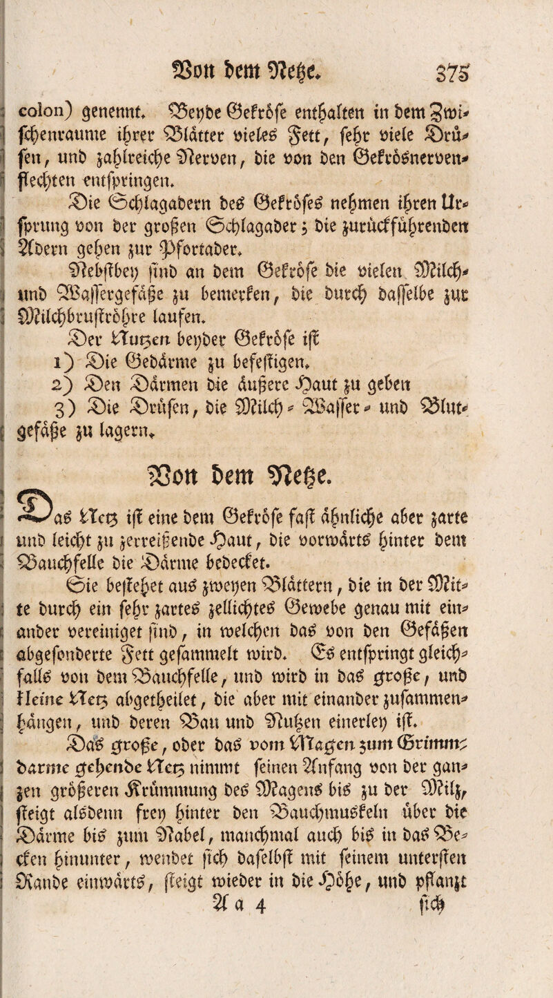 ; colon) genennt» Q5et>be ©efrbfe entsaften in bem ] fcfenraume i^rer QMätter Dieter $ett, fefer Diele ©rü* ] feit, unb jaflretcfe Sftemn, bie Don ben ©efrosnetDen* 1 fechten tntfpringen* ©te ©cflagabern be$ @efrofe6 nehmen iften Ur* fprung don ber großen ©cf)lagaber 5 bie ^urücffüfrenbett Sfbern gef en $ur ^Pfortaber» SftefrfTbei) (tnb an bem ©eftofe bie Dielen SSlilcfy* unb QEBaßergefäße ju bemerken, bie butcf baffelbe jur COfUcp&ruf^ropre laufen» ©er timten bepber ©eft&je ift 1) ©ie ©ebärme ju befejligem 2) ©en ©armen bie äußere $aut £U geben 3) ©ie ©rufen, bie S9?ilcf * SBajfer* unb 55lut* gefäße ju lagern«. iQon Dem ^fZe^e. ! <TS <***sa$ if! eine bem ©efrofe fafi df nlicfe aber jarte unb leicht ju jerreißenbe $aut, bie DormärtS fintet bem $25aucffelle bie ©arme bebecfet. ©ie beließet au£ jmepen flattern, bie in ber SKliu te burcf ein fefr ^arte£ jellicfte# ©emebe genau mit ein* anber Deremiget ftnb, in welchen ba£ Don ben ©efäßen abgefonberte gett gefammelt mirb* entfprtngt gleich ■ falte Don bem SSaucffelle, unb mirb in ba£ 0roße, unb ■ Heine ilea abgetf eilet, bie aber mit einanber jufammen* ; f angen, unb bereu Q5au unb Stufen einerlei) iß* ©a£ 0roße, ober ba£ uom £lTag-m $um ©rimm^ barme ^efenbe blet$ nimmt feinen 5fnfang Don ber gan* jen größeren Krümmung be£ SRageite bte $u ber 93?ilj, f?eigt atebenn frei) finter ben Q3aud)mu6feln über bie j ©arme bte jum 9?abel, manchmal aucf bte in ba£$)e* i cf'en f inunter, menbet ßcf bafelbß mit feinem unterteil Övanbe einwärts fteigt mieber in bie/Jofe, unb pßanjt 2fa 4 f:c&
