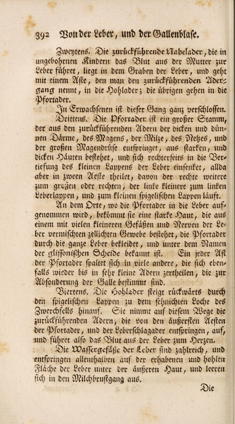 3wetjten& Sie $urudrful)tenbe STabeUbcr , bie in ungebo|rnen «ftwöerh ba£ Q5(«t att£ bei* SKutter int Seber führet, liegt in bem ©raten bei* Seber, unb ge£t mit einem 2(j?e, ben man ben $uruc£fu|>renben 2lber^ $an$ nennt, in bie $o£laber-$ bie übrigen gelten in bie 3>fortabet\ ^n ©rwacfyfenen iff biefer ©ang ganj perfcfyloffem Sritten& Sie Pfomber iß ein großer ©tamrn, ber au£ ben jurucffü^renben 2fbem ber bicfen tmb bum neu Sdrme, be£ Wagend, ber SOftlje, be£ 9?e|e6, un‘o ber großen 93?agenbrufe entspringet, au£ ßarfen, unb bicfen pauten befielet, tmb fiel) recbterfeitg' in bie Q3er* tiefung be£ fleinen Sappen^ ber Seber einfenfet, allba aber in jmeen 2feße teilet; bawt ber rechte weitere &um großen ober rechten, ber ltnfe Heinere jum linfen Seberlappen, unb }um Weinen fpigelifdjen Sappen lauft* 21 n bem Orte / wo bie ^3fortaber in bie Seber auf» genommen wirb, befommt fte eine ßarfe Saut, bie au£ einem mit oielen Heineren ©efdfen unb Heroen ber Se* ber oermifcf)ten iztticfyttn ©ewebe befielet, bie ^fortaber burd) bie ganje Seber befleibet, unb unter bem Sftamen ber gliflonifdpm ©4>eibe befannt tjf* ©n jeher 2fjf bei* ^fortaber fpaltet )M) in piele anbere, bie ficf) eben* fall£ wieber bi£ in fef)r Heine 2(bern jertjkilen, bie ^ur 2fbfouberung ber ©alle befümmt futb* Q3ierten& Sie 6o^laber ßeigt rucfwdrtg burd) ben fpigeltfcfren Sappen in bem fb£mc(jien Socf)e be£ 3werd)fel(£ hinauf, ©ie nimmt auf biefem SBege bie |urucffü|renben 2fbern, bie non ben dußerften 2(eßen ber ßJfottaber, tmb ber Seberfd)lagaber entfpringen, auf, unb fahret alfo ba$ Q5(ut au£ ber Seber jum per&em Sie 8?affet0cf£ge ber Heber (mb ja&lreid), unb entfpringen allenthalben auf ber erhabenen unb bohlen Sldd)e ber Seber unter ber anderen paut, unb leeren lief) in ben 9)?ild)brußgang au& Sie