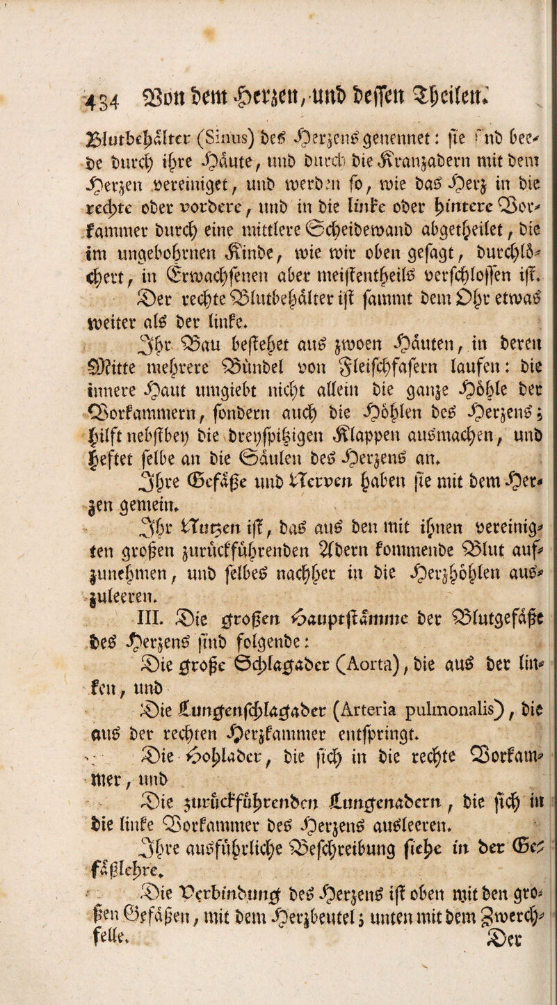 3&Uithd)ältct (Sinus) be# ©er|en#genennet: fte fnb bee* be t)urcf) i§re -Odute, uub burcb bie Ärat^abern mitbem ©er^en bereiniget, uub merbm fo, wie ba#£)er£ in bie red)te ober vorbere , uub in bie linFe ober Innrere £3or* fammer burefy eine mittlere ©cfyeibemanb abgetfyeilet , bte im ungebofernen Äinbe, wie mir oben gefaxt, burc[)l5* cf>ett, in (£rmacf)fenen aber meiflent^eil# oerfclloffen i|l* ©er rechte Q31utbe|diteriji fammt bem £){w etwas? weiter al# ber linfe* £5au befielet au# jwoen Rauten, in bereu Sflfitte mehrere QSänbel ron §leifct)fafern laufen: bie innere ^)aut umgiebt nicl)t allein bie gange $66le ber Sßorfammerit, fonbern aud) bte ^)o§len be# ©ergen# 5 Jilft nebflbep bie ^repfpifet^en Älappen au#mad;en, unb |eftet felbe an bie ©dulen be# ©ergen# an* 3&re ©efdge unb tTeruen Jmben fte mit bem ^er* gen gemein* 2$r fcTtmenijT, ba# au# benmit iftnen bereinig* reu grofen jurüeffu^renben 2(bern fomntenbe 95lut auf* june^men, unb felbe# nac^er in bie ©er^o^len au#* guleeren* III. ©ie fragen ^auptjlamme ber Q3lutgefd£e be# bergen# |mb folgenbe: ©ie #rofe ©d^atjaber (Aorta), bie au# ber lim fett, unb ©ie £un#enf4)lacf4ber (Arteria pulmonalis) , bie au# ber rechten dpergfantmer entfpringt. ©ie 6o£>labcr, bie ftd) in bie rechte SBorfam* Itter , unb ©ie ^uvticffufyvenbcn Jtun#cnabem, bie ftd) in bie linfe Q5orfammer be# bergen# au#leeren. 3§re au#fu£rlid)e Q5efd)reibung ficjpe in ber ©e; fafldme* ©ie TVtbmbmt# be# bergen# iff oben mit ben gto* f en ©efdjmt, mit bem Äerjbeutel g unten mit bem £werd)* feile* ©er