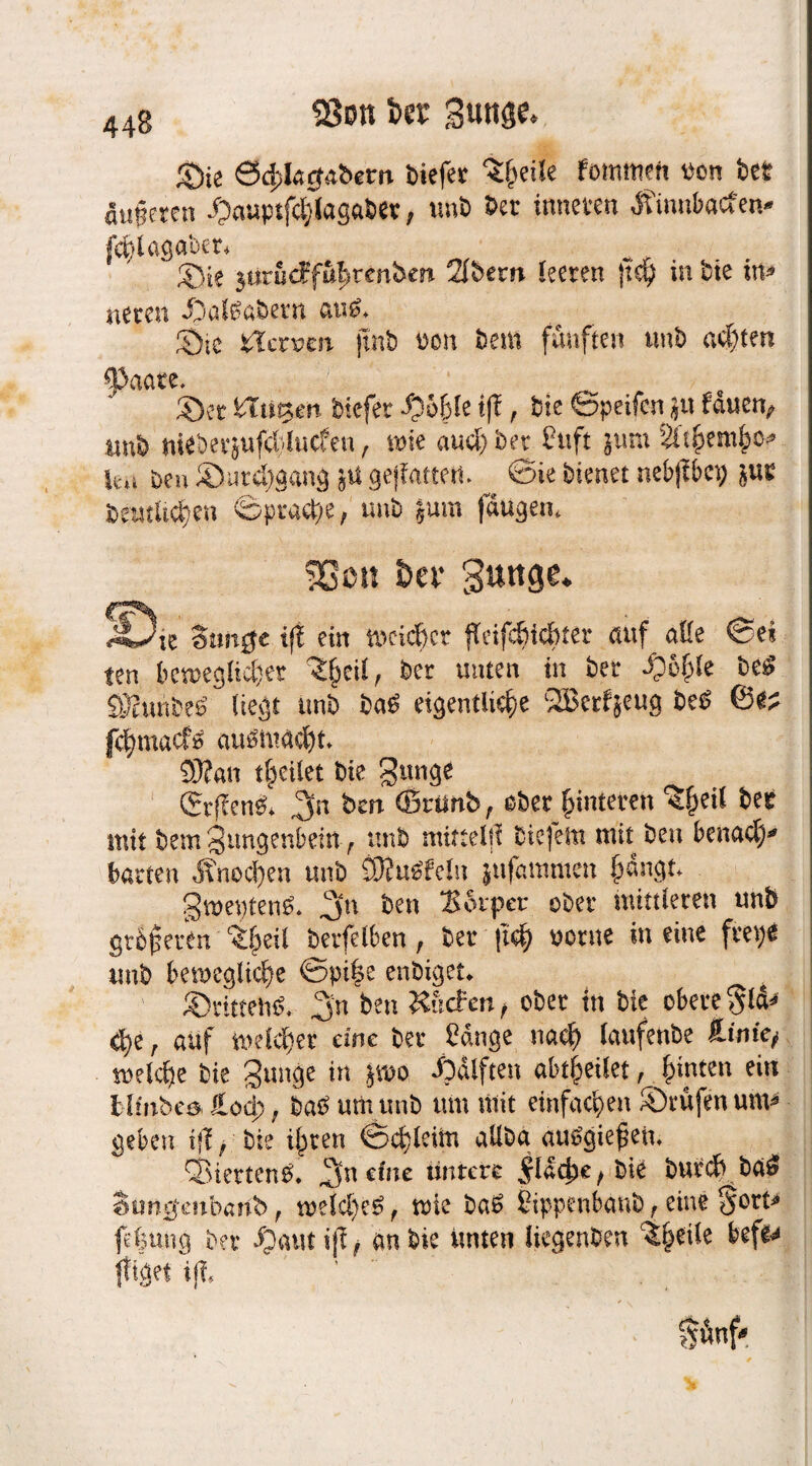 Sßoit i>er Zunge. ©ie ödjlatfabem biefer 'if.'cile fomraen oon bet äußeren ©auptfdjtagabtt, tmb bet inneren tfinnbacfen» fdjlagaben ©ie jurucffu^tenben 2lbern leeren ftd} in bie in* neten £>al«abevn au«. ©ie STcrven jtnb oon bem fünften tmb achten fPaate. ©et Sltitjen biefer -^öfsle tfE, bte ©peifcn jvt tauen, ttttb niebetjufcftlucfen, wie aud) ber Sttft jum Suhemho* It.i ben ® urdsgang jtt gejfattett ©ie bienet nebjtbci) juc deutlichen «Sprache, unb Jum fäugen, 5ßo« £>er guttge. SDie Simge ift ein t»cidE)cr fteifchichter auf aße ©e» ten beweglicher 'Sh5**/ bcr mtten il! fccr &.eö SSutibe« liegt tmb ba« eigentliche SBerfjeug be« ©«? fchmacf« au«mad)t. SDtait tbeilet bie Zunge <2r(ten«* bert (Brtinb, eher hinteren <3he^ mit bem Zungenbein, unb mittels! bicfeitt mit bett benad)* bartett Knochen unb £9iu«fein jufamnten h^ngt. Zweiten«. .jn ben $eupct ober mittleren unb größeren ^heil berfelben, ber |t<h ferne in eine fee»;« unb bewegliche ©pi|e enbiget. ©rittet«?, 3‘n ben Kücfen, ober in bte obere §l&< d)e, auf welcher eine ber Sange nach laufende Hink, welche bie Zunge in jwo ©dlften abtheilet, h\nten ein blfitbes £oa>, ba« um unb um mit einfachen ©rufen um« geben i|t, bie ihren ©djlcim aüba auggiefjeit. «Bierten«. ^tiefite untere flache,bie butcb ba« Suncjeubanb, welche«, wie ba« Sippenbanb, eine fjort» fehuitg ber Qmt ift, an bie unten liegenCen ‘iheile befe* ftiget itt, ’ Sünf'