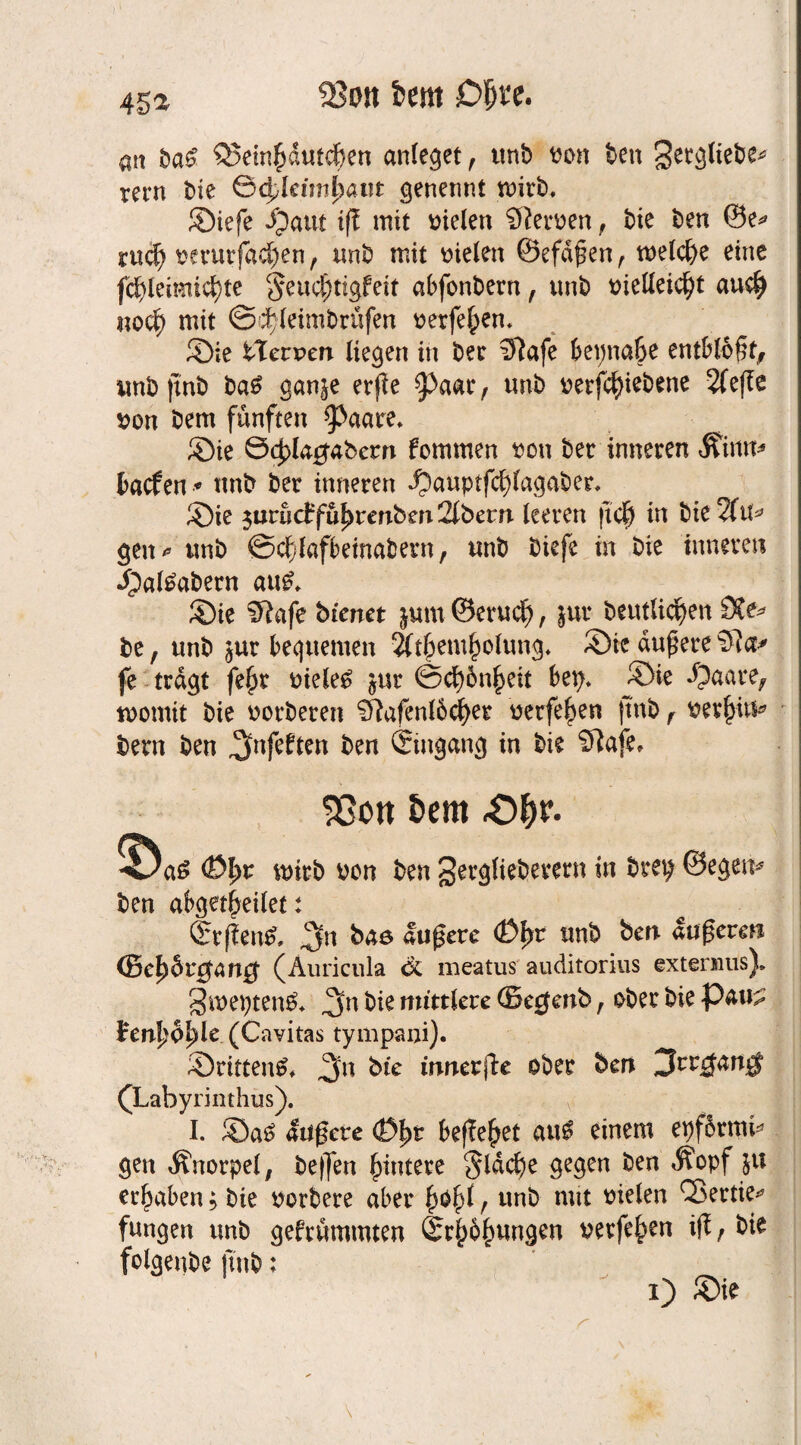 45» fcern £>&«. s» &a£ Q5ein|>dutcf)en anfeget, tttib von feen Qetgftebe^ rern bie Qtykimtyatn genennt tvirb, JDiefe Jpaut iß mit fielen Sfterven , bie ben ©e* tud) vcrurfadjjen, unb mit fielen ©efdfen, welche eine fdjjleimidjte $eucf)tigfeit abfonbern, unb t?ieUeic§t au$ no$ mit ©cfdeimbrüfen verfemen* £Die ilernen liefen in ber 3?afe bepnabe entblöß unbftnb ba£ gan£e erfie ^aac, unb verriebene 2(efle von bem fünften ^aate* ®ie ©#la#abcm Pommen von bet inneren jfittn* taefert* unb ber inneren $auptf<#fagaber* ®ie 3urficPfu^renbm2ibem leeren ftd} in bie2fu* gen* unb ©cf/fafbeinabetn, unb biefe in bie inneren J^ateabern au£* JÖie Sflafe bienet )um ©erud), jur betulichen Sie* be, unb jur bequemen Ät^em^olung* ©ie andere SR er* fe tragt fe£r vielem jur ©d)on^eit bep* £3ie -Oaare, womit bie vorberett Sftafenföcher oerfe^en jtnb r verkitt* bern ben ^fnfeften ben ©ngang in bie Stafe, 93ött &em £)f)V. ^^a£ <Öl>r wirb von ben gergliebetetn in btep ©egen* ben abgeleitet: ©fW 3fn bae lagere <üf>r unb ben lageren (Be^ör^an# (Auricula <x meatus auditori-us extermis). 3tvepten& 3n bie mittlere ©ecfenb r ober bie pau;, Irenfjö^le (Cavitas tympani). ©ritten^ ^n bie innerste ober ben 3cc^4rt£f (Labyrinthus). I. ®aS andere (D^t begehet au$ einem epfirmi* gen Änorpel, beffen hintere §ldcf)e gegen ben Äopf jtt ergaben; bie votbere aber fyofyt r unb mit vielen CBettie* fungen unb gestammten ©j)6hungen verfemen iß, bie folgenbe fmb: