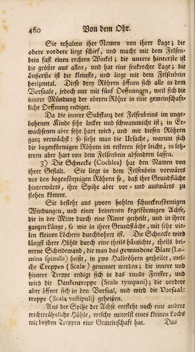 ©ie erhalten i^re tarnen bon i&ret Sage; bie obere rorbere liegt fföief, unb mad&t mit bem Seifern bein faff einen rechten QBinfel 5 bie untere fyntecfit ijf ine größte au£ aßen; unb (jat eine fenfreefffe Sage; bie außerfte i(f bie fleinffe, unb liegt mit bem gelfenbein £orijontal. ©iefe brep Otofpren öffnen ftd) alle in bem CSorfaafe, jebod) nur mit fünf Deffnungjn, »eil ftc^bie innere S9?ünbung ber oberen 9i6§re in eine gemeinfd)aft* ltdje £>effnung enbigct ©a bie innere <üu6|fanj be£ gelfenbeinS im unge* boomen Äinbe fejjr locfer unbfdffbammidff ifi; tu toacl)fenen aber fe^r (mit mirb , unb mit biefen 9v6§ren ganj beru>dd)ff: fo jtejjt man bie Urfadje , marum jtdj bie bogenförmigen Dvo^ren im erfleren fe§r leicht, inle^ teren aber £arf bon bem ^elfenbein abfonbern laffem 3) ©te Öcfntecbe (Cochlea) £at ben tarnen bott tf^rer @efM* ©ie liegt in bem Elfenbein botmdrt# bor ben bogenförmigen SWlffen fo, ba£ i§re 0runb|iTdcf)e ^intermdrt^, i£re ©pike aber bor - unb au£mdrt£ }U liefen fömmt* @ie befielt au£ jmoen |o§len fdjnecfenformigett ®inbungen, unb einer beinernen fegelformtgen 3fcf>fe, bie in ber SDkitte burdr* eine Stinne geteilt, unb innrer ganjen Sange, fo »ie in ifym ©runbffddje , mit fe§r bie* len fleinen Sichern burdjbofjret ijf. ©te @d)necfe mirb fdngf? ifprer dpöfjle burd) eine t^eiföjjduticfyte, t&eil$ bei* nerne ©d)eibe»anb, bie man ba6 jjetburtberte Blatt (La¬ mina fpinalis) in $»o $albrol)een get^eilet, mU d)e (Treppen. (Seal« ) genennet »erben; bie innere unb Hintere kreppe enbigt ftd? in ba£ runbe ^enffer, unb toirb bie PauFeutreppe (Scala tympani); bie borbere aber öffnet |td> in ben Cßorfaal, unb »trb bie DorfaaL treppe f Scala veftipuli) gepfiffen* 2fu.£ ber @pi|e ber 2fd)fe entfielt nodj eine attbere tric^terd^nfic^eipo§le7 »elcf>e mittelff einetf flemenSodfö mit Serben kreppen eine ©emeinfe^aft bat ©a£