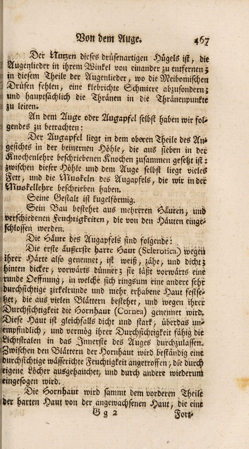 . z.f . 7 - \;;ym w*!** vrufetiärtigen Jy&jels ijf -f Die Sfuocnftcfc^t ttt ifyvetxi 2binfd #üu einander $u ftttfWrten 5 jj *!* tiefem ^eife Dec Sfu^eniiebet / tt)0 t>ie 9)?cit>oriitfc|?etT j ®cüfen fefykn, eine fkhtiüju. ©ic^miere ßf>$ufbnDent $ « unb ^auptfa#«^ Die tränen in Die t|rdnenpmifte ij §u (eiten; m bem 2lüge eher 2lti&apfd feibfli haben tnirfot; • genbeß ju betrauten: • i 2(ii0apfd liegt tn bem oberen '5§ei(e beb 2(ti* l Scitc&tö in bet beinernen -Oelie, bie aub jteben in bce i 'Änocffettielre befcfiriebenen fittoeben jUfantmen gefegt ift; |tt>ifcfc.eu biefetr £o|ie unb bem 2Cuge fetbfl Hegt nielet? pjftf l»ib bte iitnafcln beb Sfugapftiß, bie wie in bet I fcTtuefeUeljre befcf) rieben haben. ©eine. ©efldt ifl f ugelformig, . ©ein ?J5au befielet auß mehreren #auftrtj imb 5 eerfebiebenen ^ettdjtüjFeiten t bfe wn beit Rauten eilige* !j fc|{o(jeti inerben» £)ie Mute leb 2fugdpfeiß |Tnb feigen!»: . ©ie erffe aufjerfie harte i$ant (Sclerotien?) tnegeii i|rer t^drte «tfo gertennet> iff tneifj, .5%^ Unb bftfttj 1 hinten biefer f nortnurtß bunner 5 jte Id(t nortndttß eini libunbe Öeffnung <, in tneld&e jwh ringsum eine anbete fe|e (burchjtchtige jitfeltunbe unb me|r erhabene J5aut feflfe* jjfepi bie aus nieien SSldttern befielet, unb inegen t|tee !©urc|f]c|tigbeit bte ioombaut (Cornea) genetiitet tnirb,. ©iefe ^ut ifi gieiWbicht „nb ffarf> ubetbdS iempfmbitcl > unb nerrnbg t|rer ©utii)fte|tig!eit fd|ig bte £ici)t|tra(en in baß ,jmtet(re beß 2fuaeß butc|äuiajfen,j igtnifc|en bett flattern ber #orn|dut wirb beffdnbig eine ;bUrc|fic|iige tnafferithte feu^tigfeit drtgetröjfeh > bte burefe ***)** iügge|aitc|et> unb bute| anbete wieberunt tnirb*. Hornhaut tnirb fammt bethnorbeten 't|eiie riet harten £«Hft>oh bet,«ngetnae|fenen ^aut^ .feie eine Ö a 2