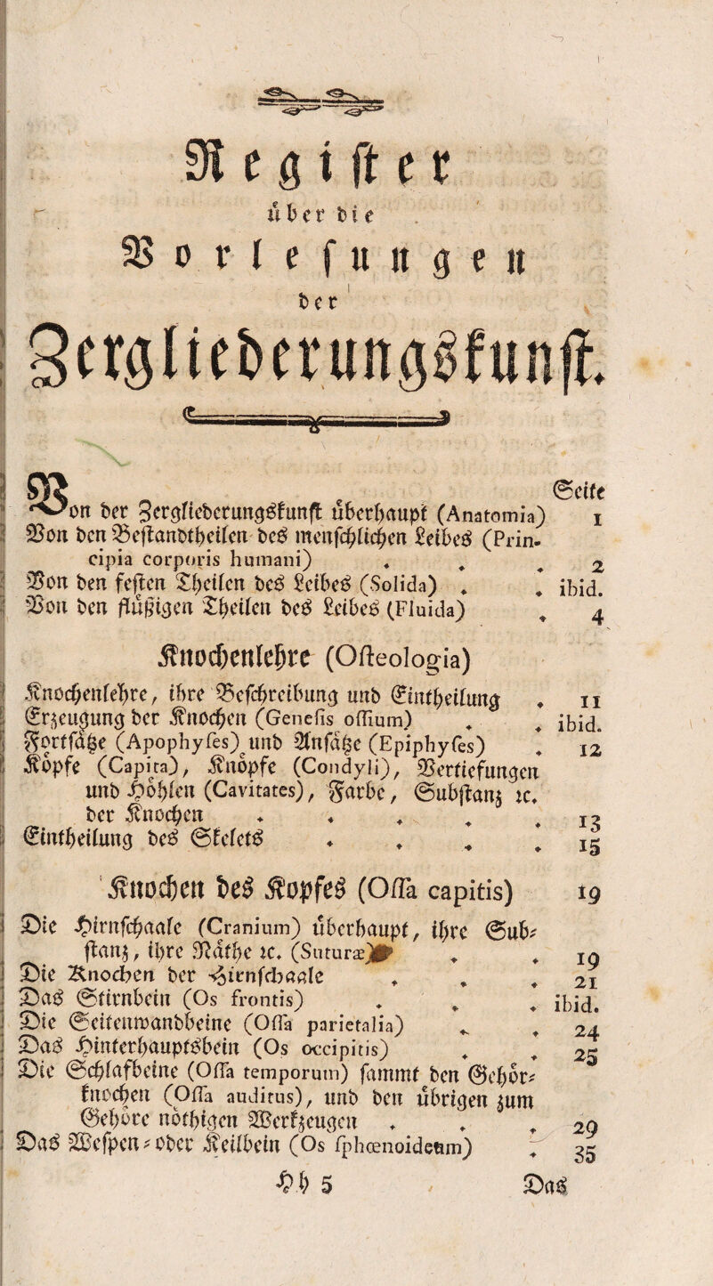 r' 91 e ö i ft c r Aber bi e 3$ o r l e f u it g e « b e t ersliefceuutöitfunjl J 'on bet Berctftebcrtm^frmfl: übetl)(inpl (Anatomia) 2?on ben $5eftanb(betfen bc$ mmfd)lid)m Ztibe# (Prin- cipia corporis humani) 4 2$on ben fetjen £beifcn be£ £etbe$ (Solida) , * *2>on ben flüggen Zpeikw be$ £eibeö (Fluida) Ättod)cnlepre (Qfteologia) .fnocfjenfebre, ibte $5efd)teibm$ mb <£mfbetf un# (^eu^iing ber .f nbd?en (Genefis offium) ^orffdge (Apophyfes)etmb Stnfdge (Epipbyfes) * $bpfe (Capira), Knopfe (Condyli), 33etftefuncKn unb £o!)len (Cavitates), gatbe, @ubgan$ ic. bet $nüd?en €mfbeilung be£ Stektß (Seite 2 ibid. 4 11 ibid. 12 ♦ ^uocDett fceS $opfe3 (Ofla capitis) Sic .£irnfcfj<iafe (Cranium) überhaupt, ihre @uh* fton$, tl>rc SRdtbc K♦ (Suturae)^ ©te Änocben ber ^irnfcbnale ♦ ÜDct$ ©ttrnbctn (Os frontis) * 4 4 £>le ©cifenn>anbbeme (Oda parietalia) £mferbaupf$bein (Os occipitis) 4 + ©ic ©cbfafbeme (Oda temporum) fammf ben @eb$t* fuocbm (Offa audirus), unb ben Abrißen ^um ©ef)bce nbtbipen SBerf^eudcn 2£cfpett*0bcc itcUbdn (Os fphcenoidetim) F 13 15 ig ig 21 ibid. 24 25 29 35 *